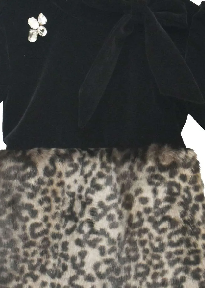 Black Dress In Velvet With Animal Printed Fur On The Bottom Part By Fayon Kids