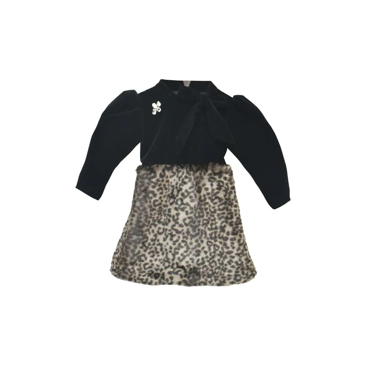 Black Dress In Velvet With Animal Printed Fur On The Bottom Part By Fayon Kids