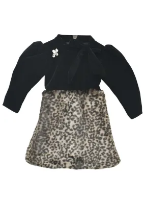 Black Dress In Velvet With Animal Printed Fur On The Bottom Part By Fayon Kids