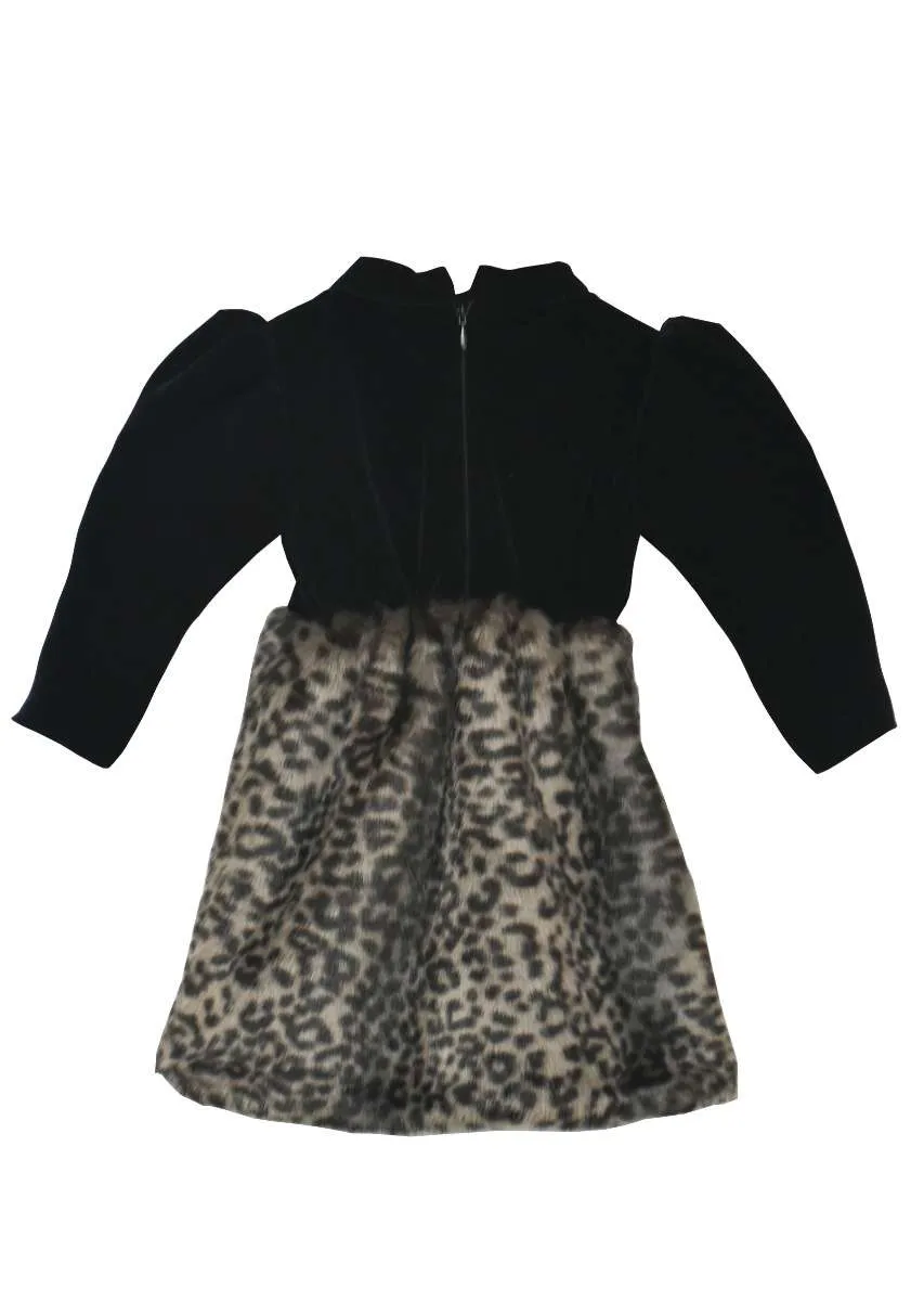 Black Dress In Velvet With Animal Printed Fur On The Bottom Part By Fayon Kids