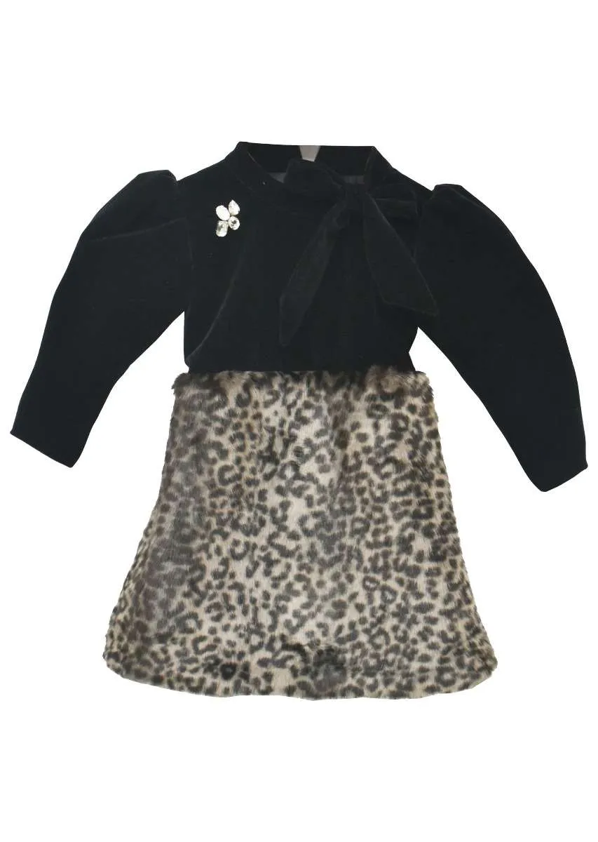 Black Dress In Velvet With Animal Printed Fur On The Bottom Part By Fayon Kids