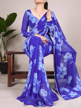Blue Pure Chiffon Foral Printed Pearl Lace Border Chiffon Saree