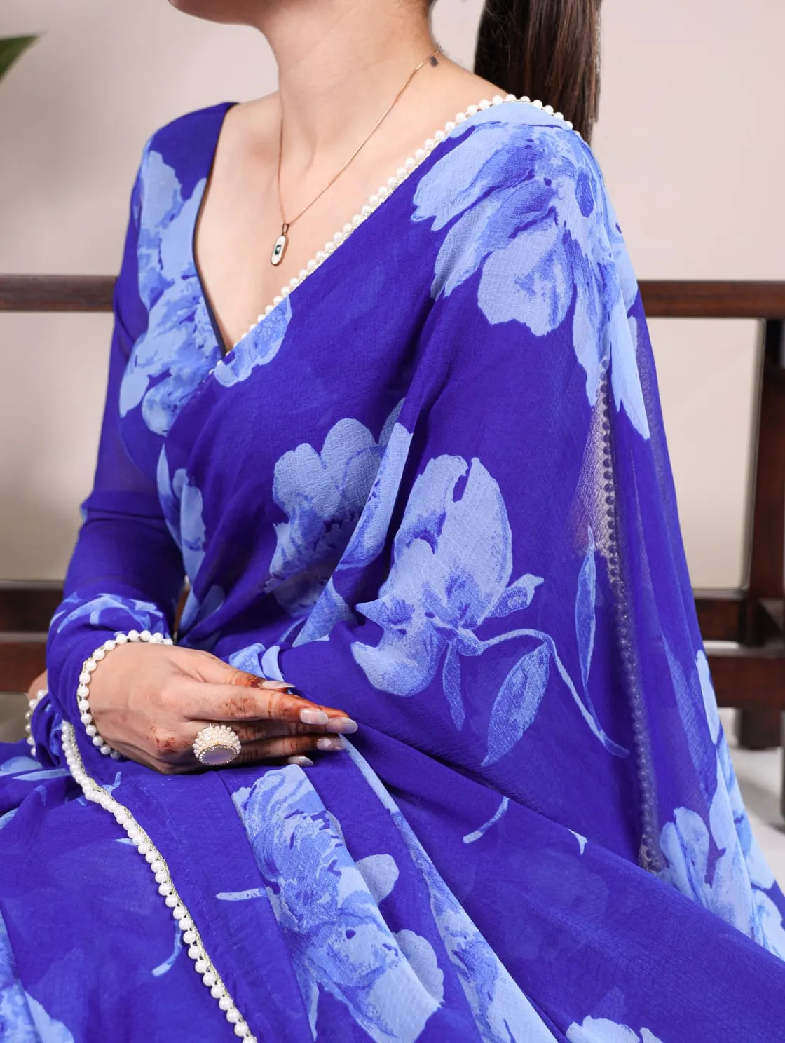 Blue Pure Chiffon Foral Printed Pearl Lace Border Chiffon Saree