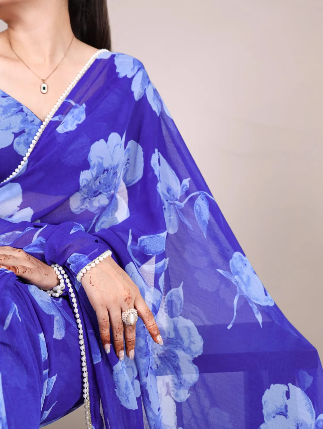 Blue Pure Chiffon Foral Printed Pearl Lace Border Chiffon Saree