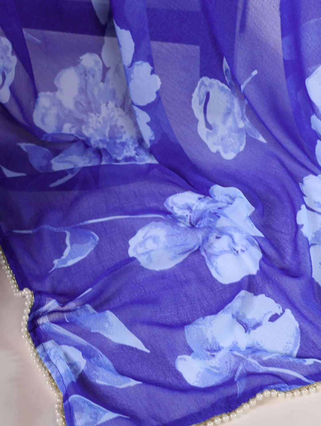 Blue Pure Chiffon Foral Printed Pearl Lace Border Chiffon Saree