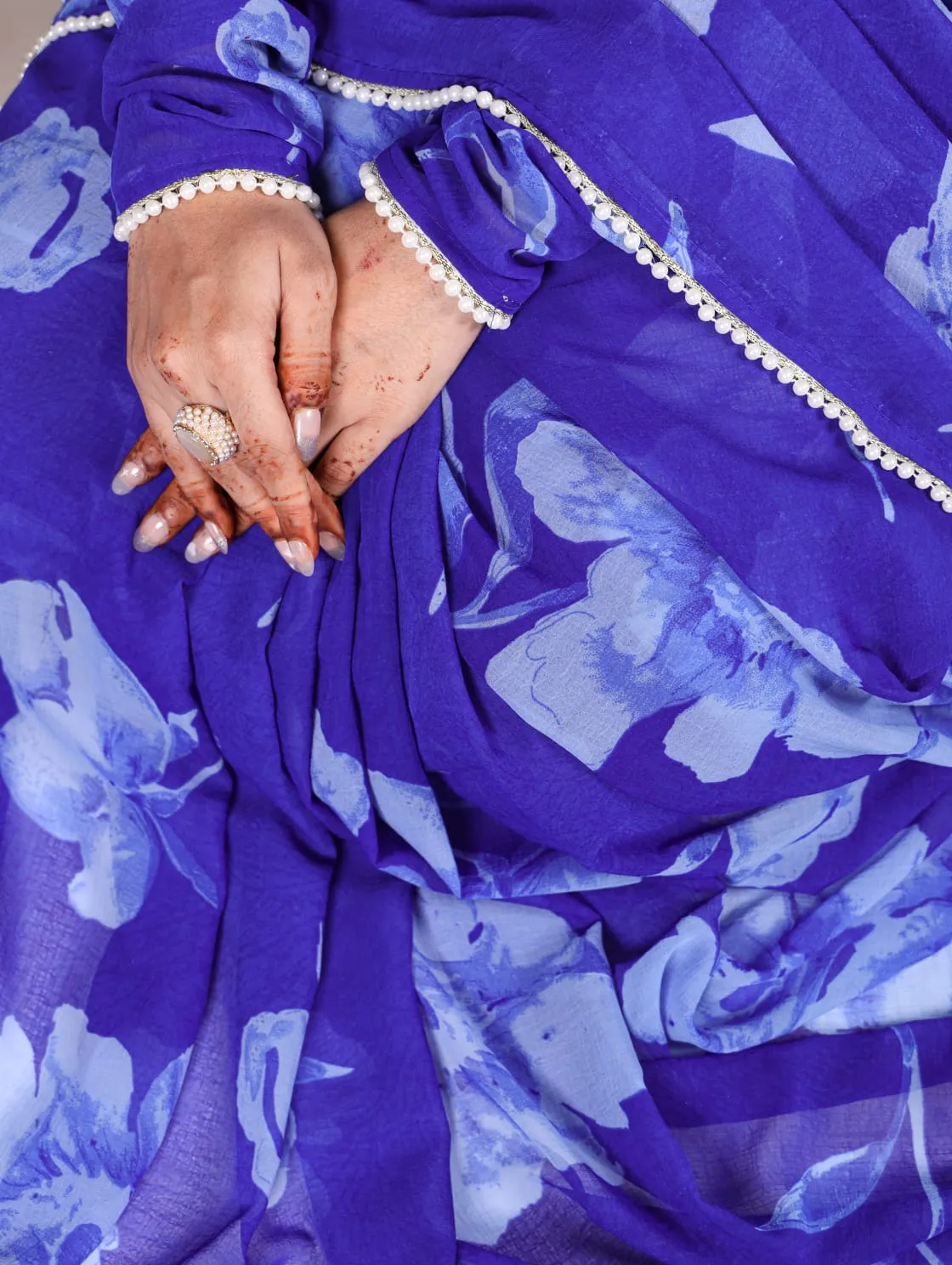 Blue Pure Chiffon Foral Printed Pearl Lace Border Chiffon Saree