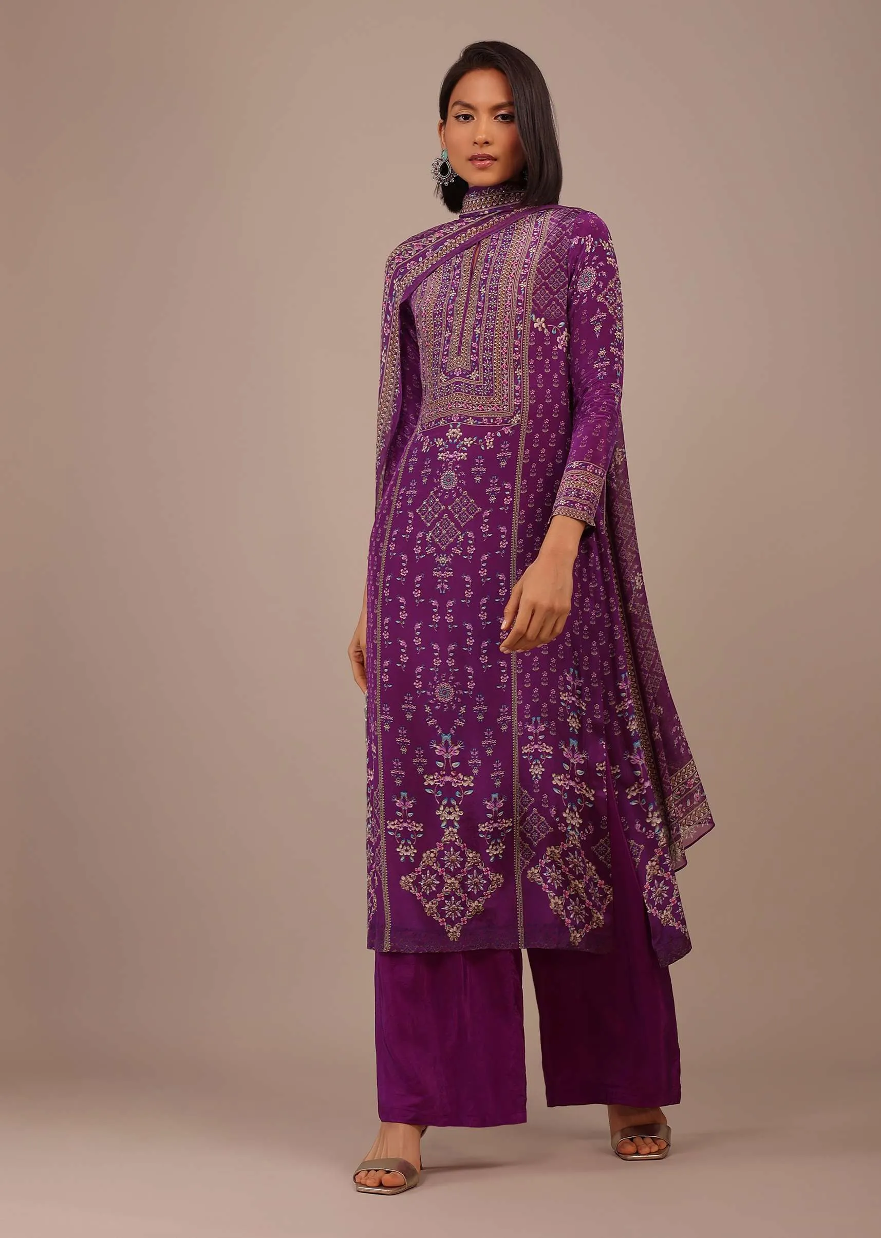 Burgundy Purple Printed Palazzo Suit With Stonework In Crepe