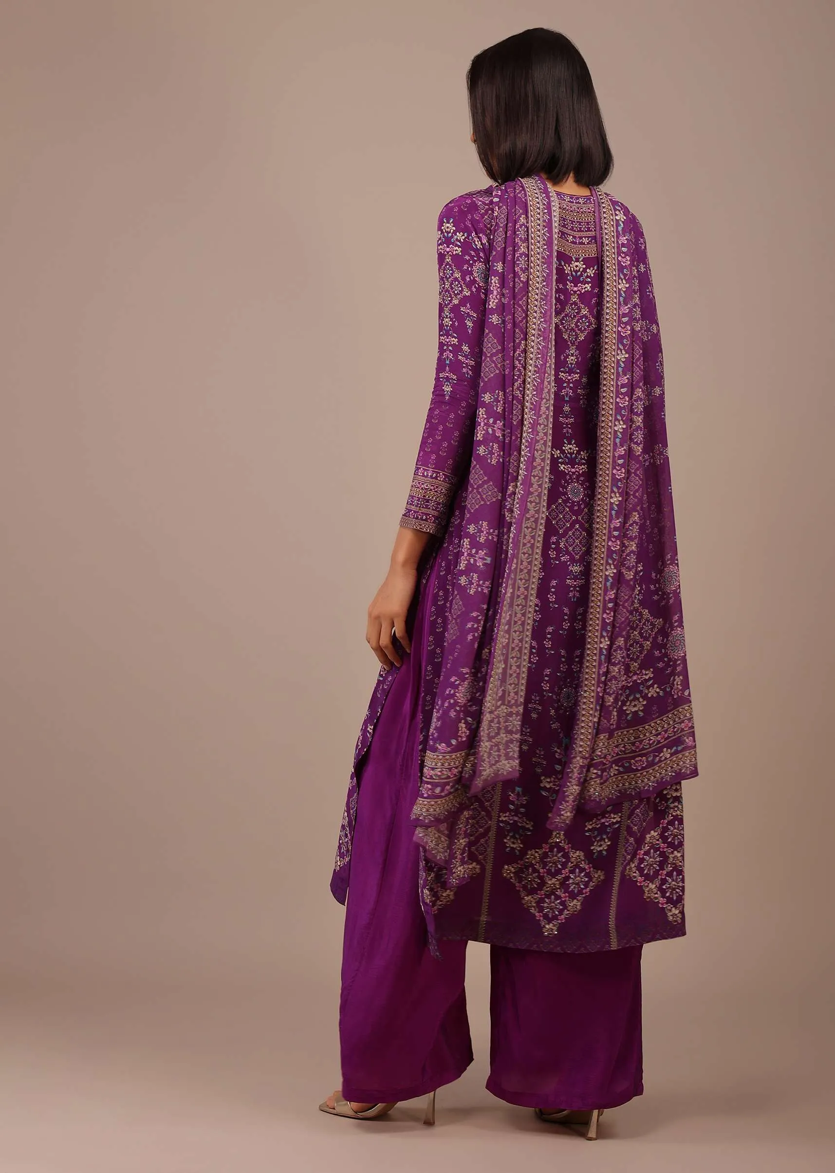 Burgundy Purple Printed Palazzo Suit With Stonework In Crepe