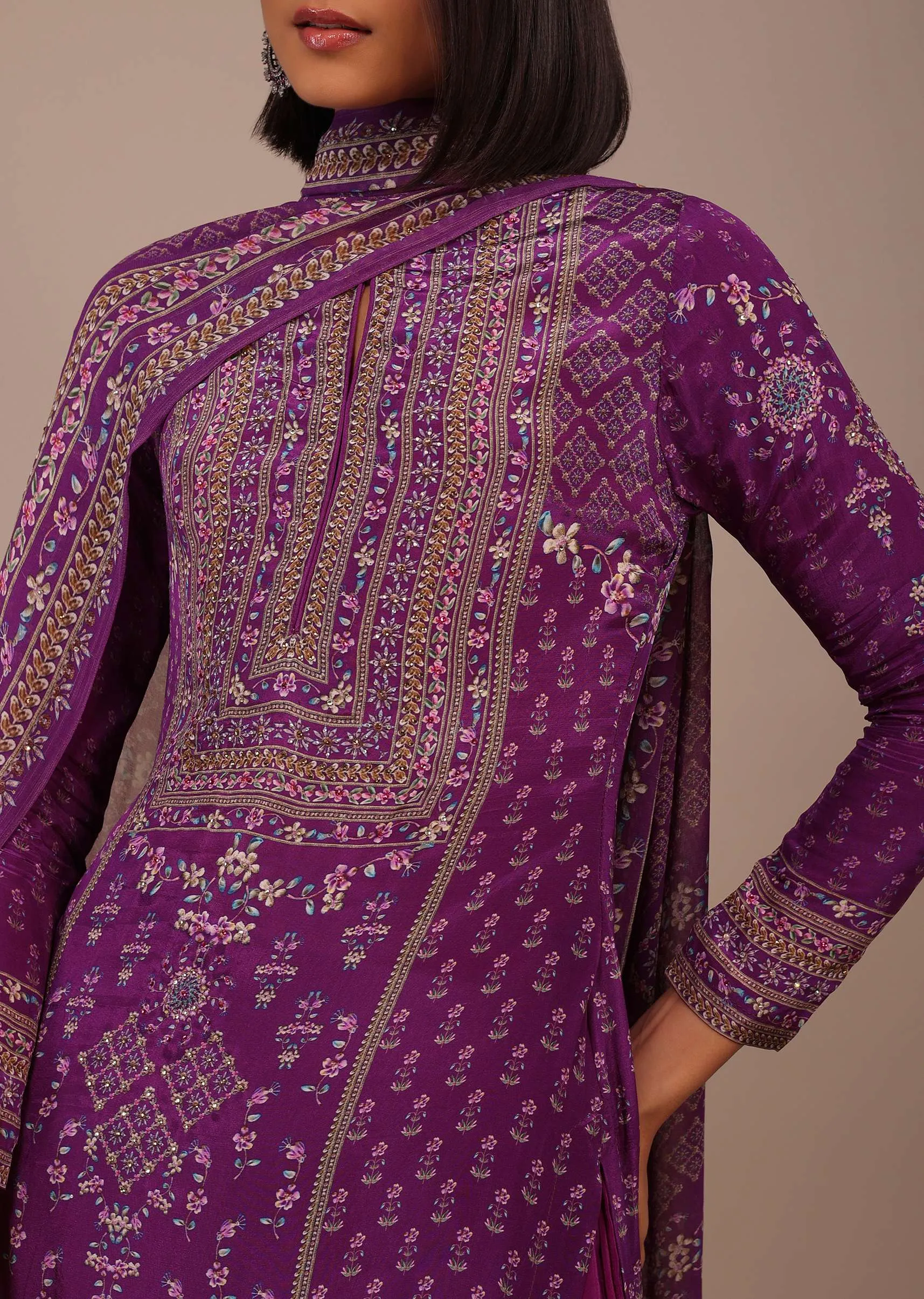 Burgundy Purple Printed Palazzo Suit With Stonework In Crepe