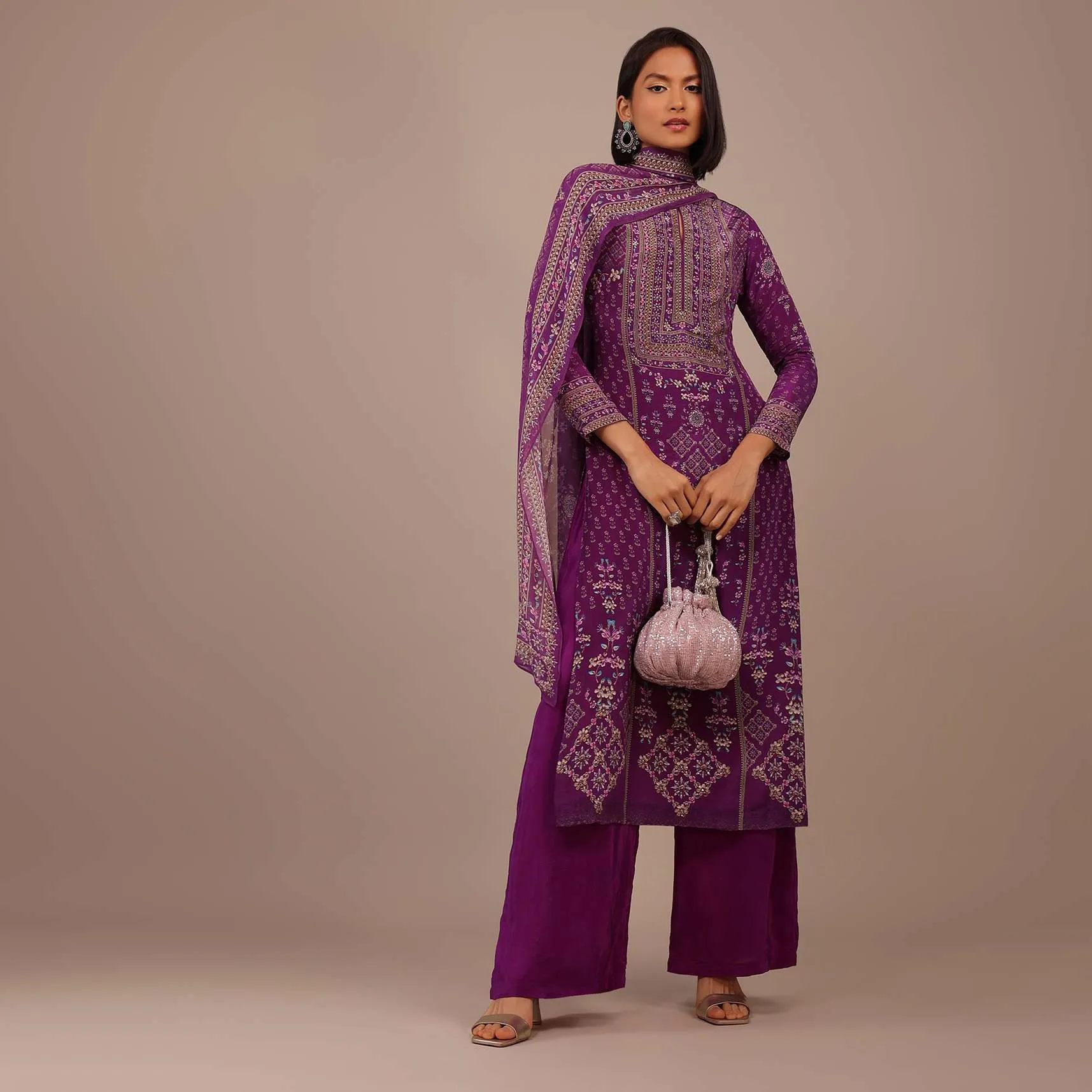 Burgundy Purple Printed Palazzo Suit With Stonework In Crepe