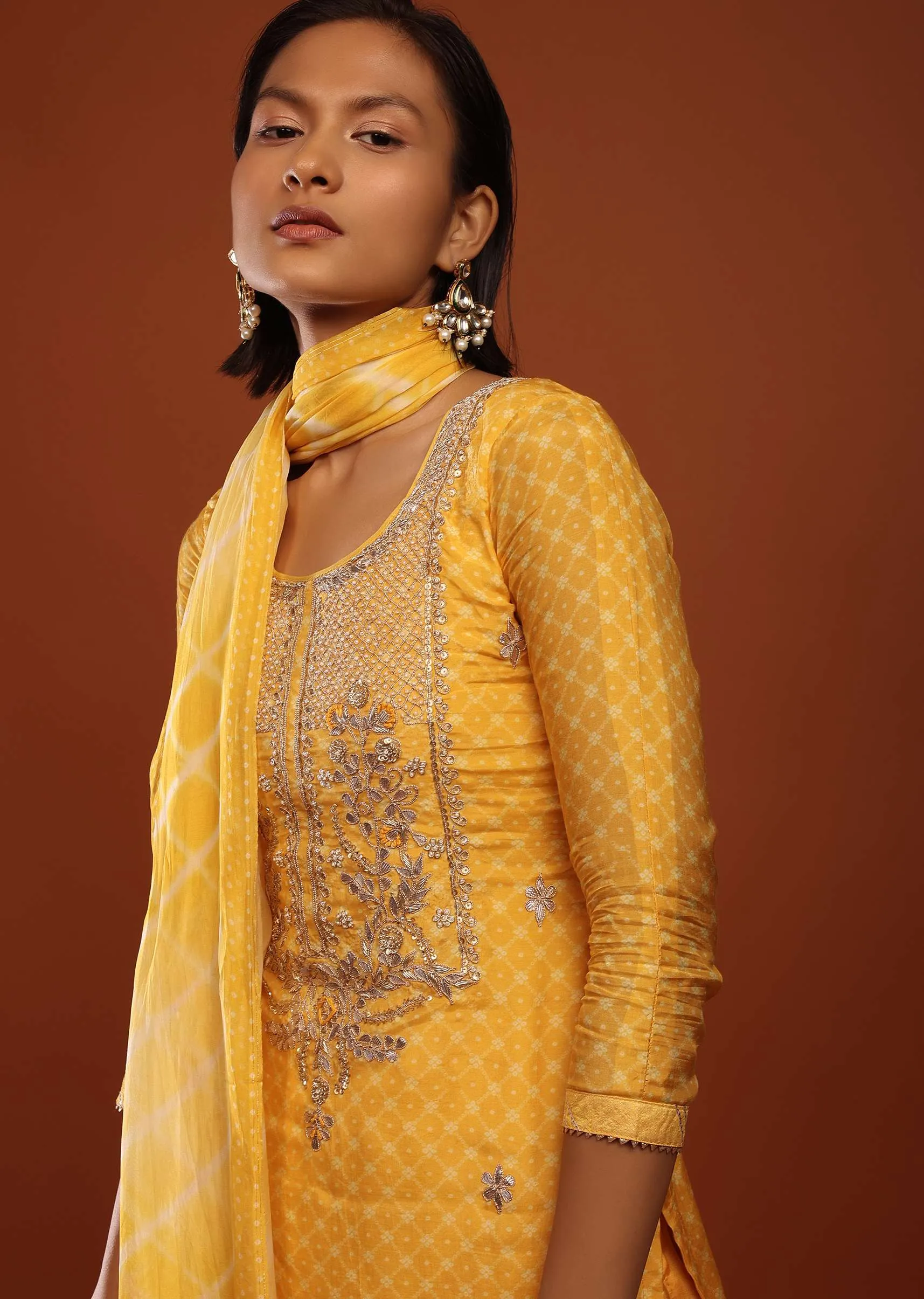 Canary Yellow Straight Cut Palazzo Suit With Bandhani Print And Embroidery