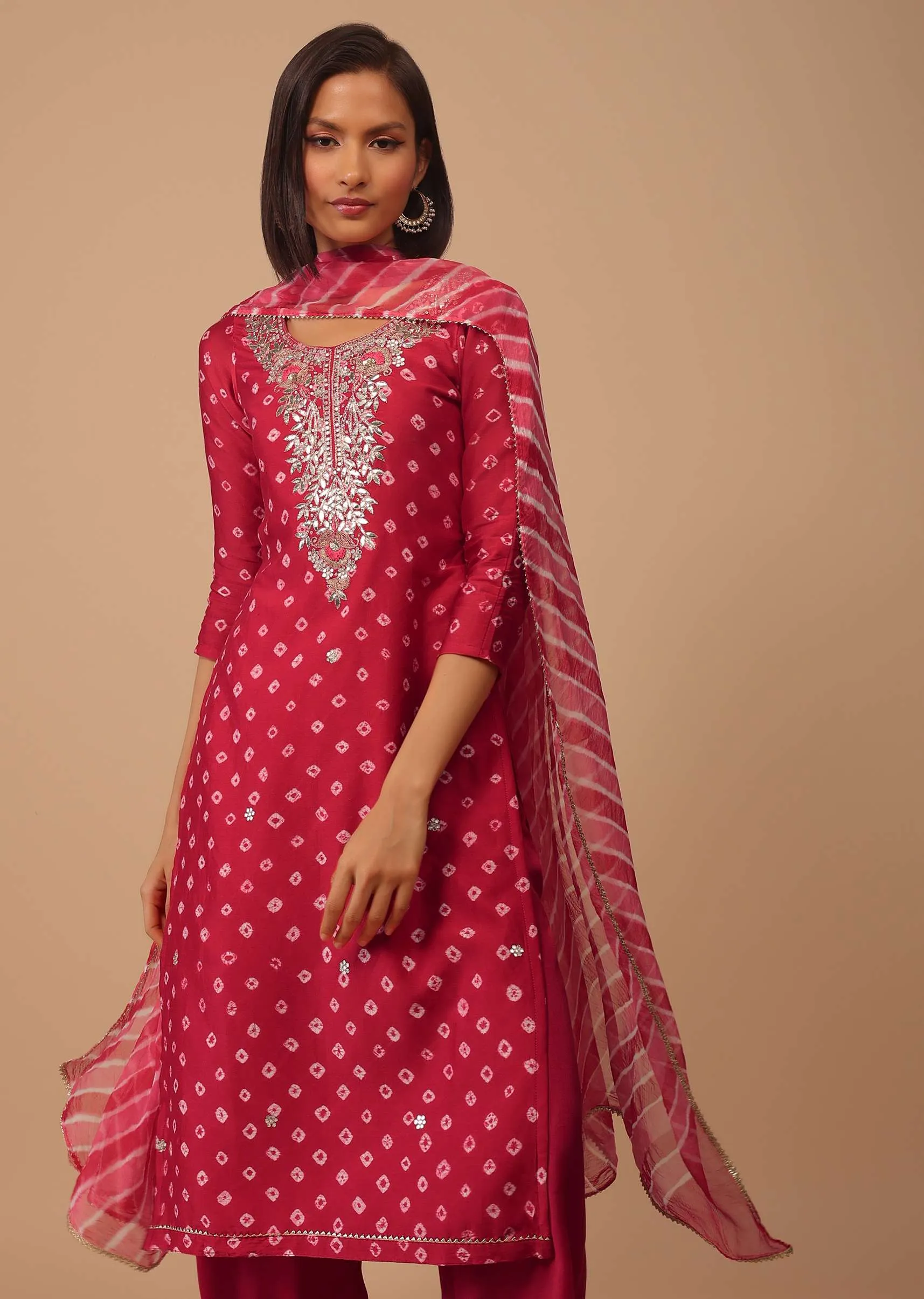 Carmine Red Embroidered Bandhani Printed Chanderi Palazzo Suit With Leheriya Dupatta