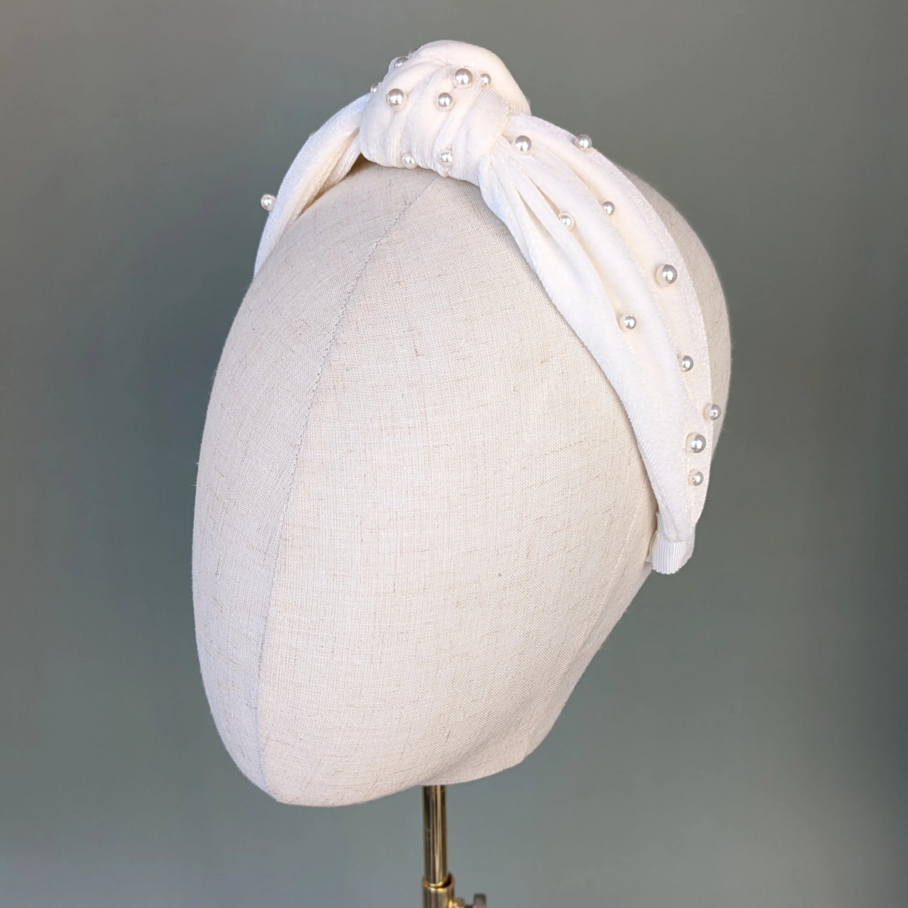 CATHERINE Top Knot Velvet Bridal Headband with Pearls