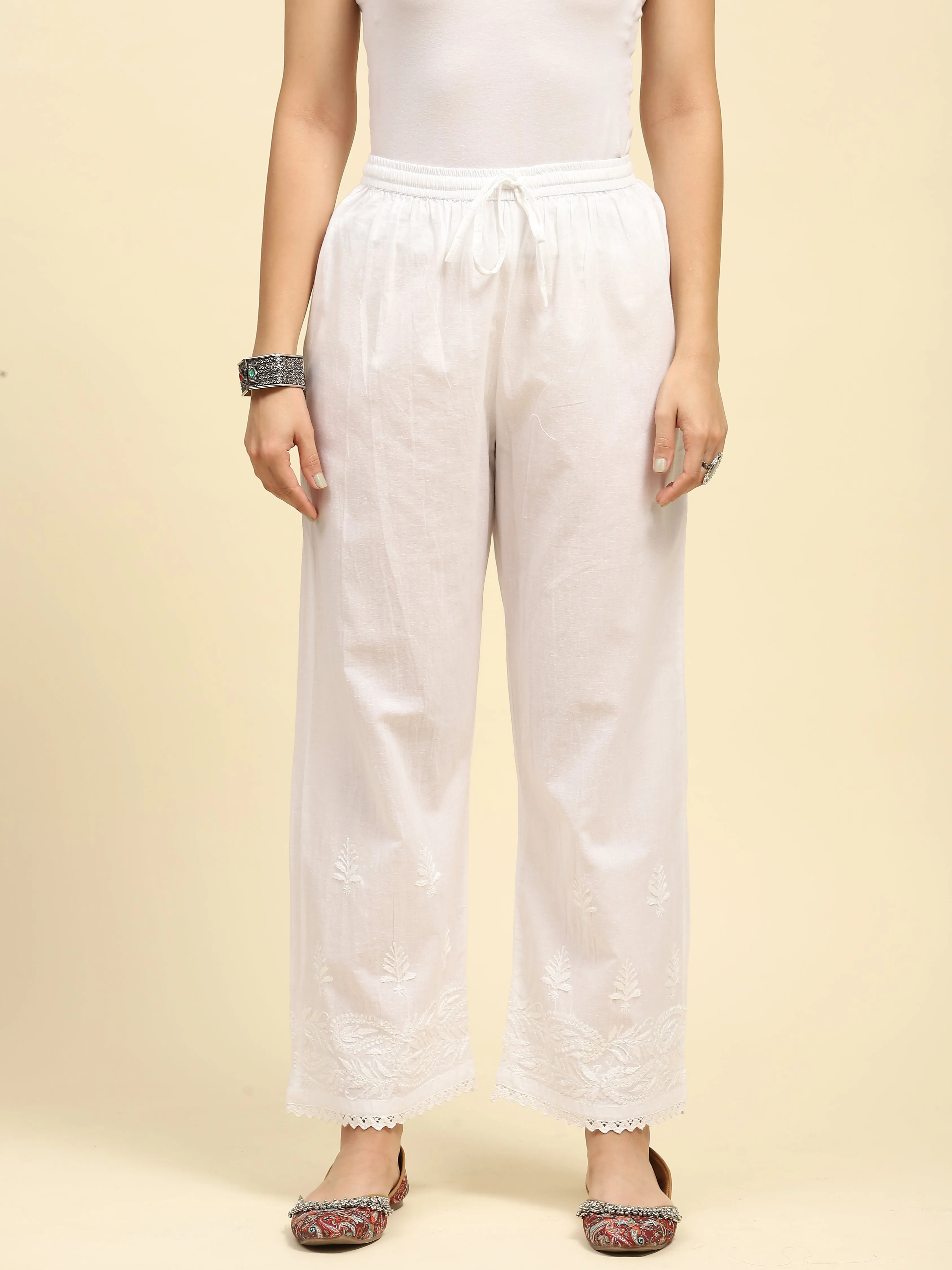Cotton Chikankari Solid Women's Palazzo - White