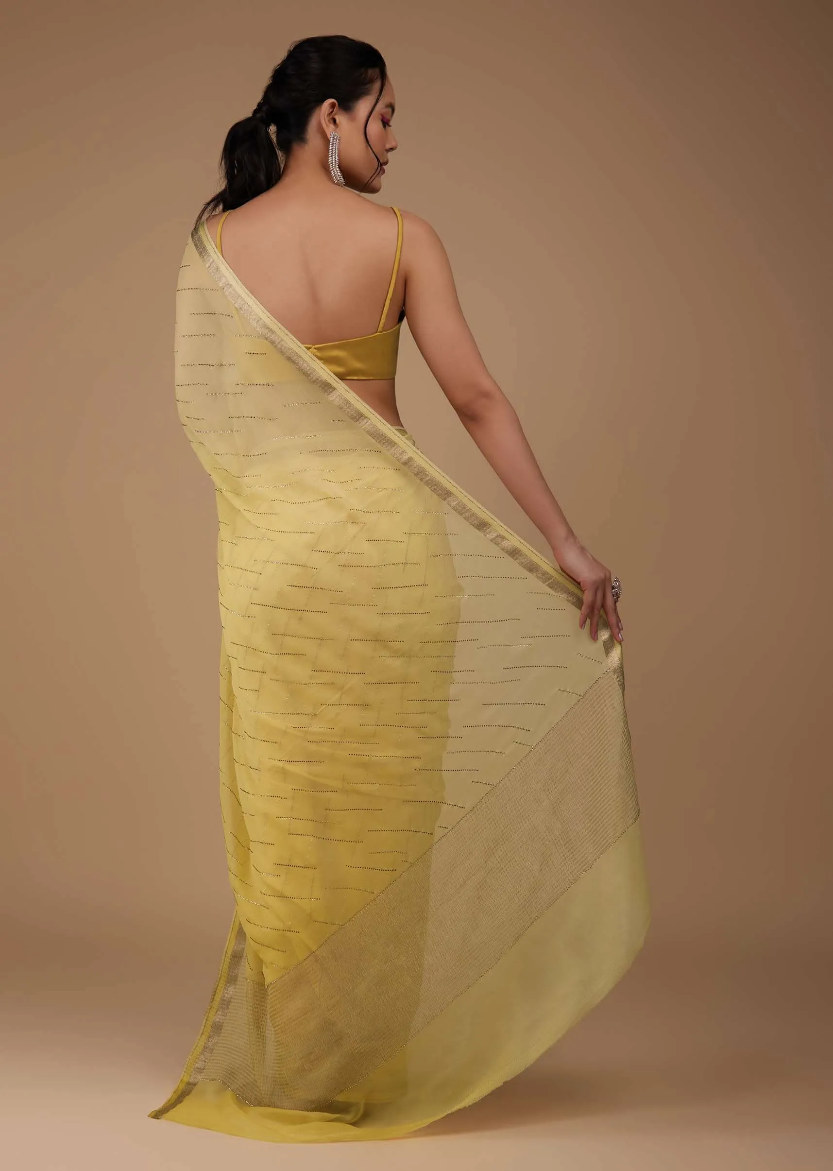 Daffodil Yellow Chiffon Saree With Swarovski Stone Embellishments And Zari Border