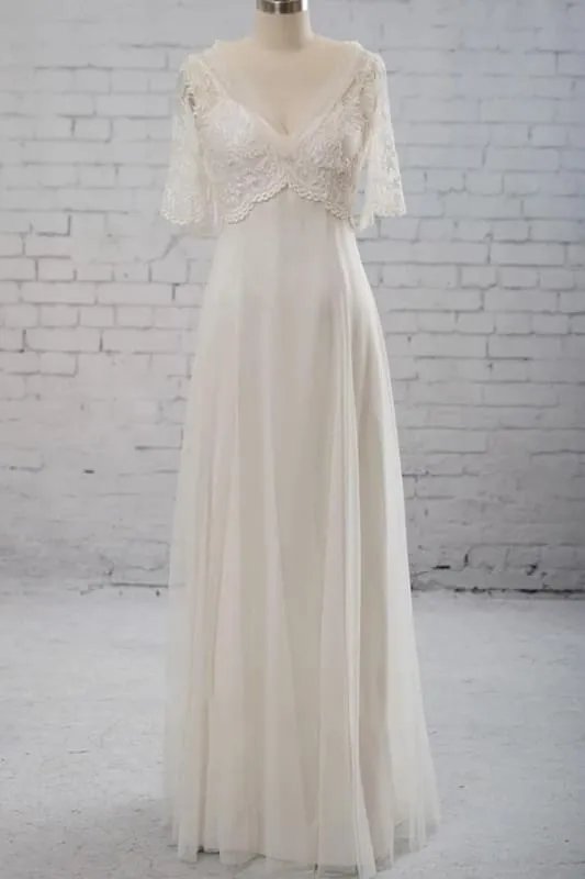 Empire Waist V-neck Tulle A-line Wedding Dress