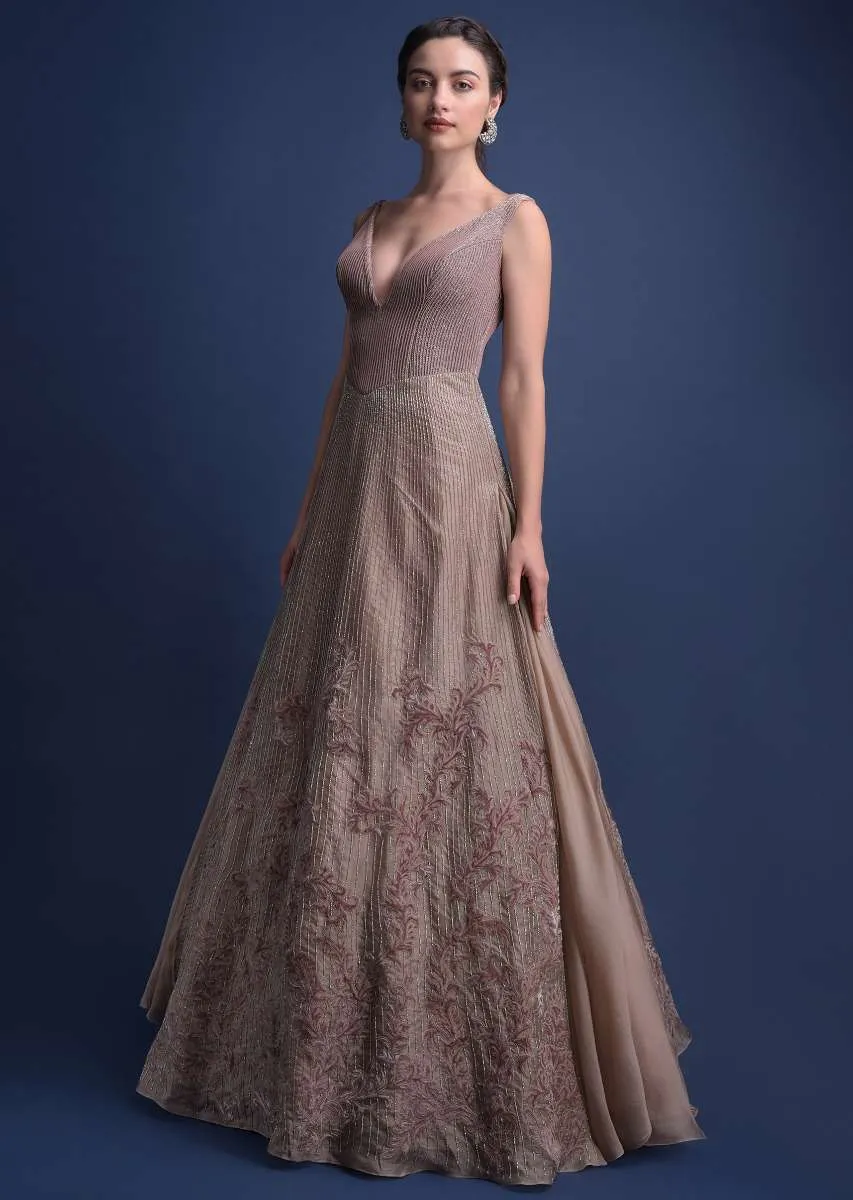 Eve Champagne Gown With Hand Embroidered Velvet Patchwork In Floral Pattern Online - Kalki Fashion