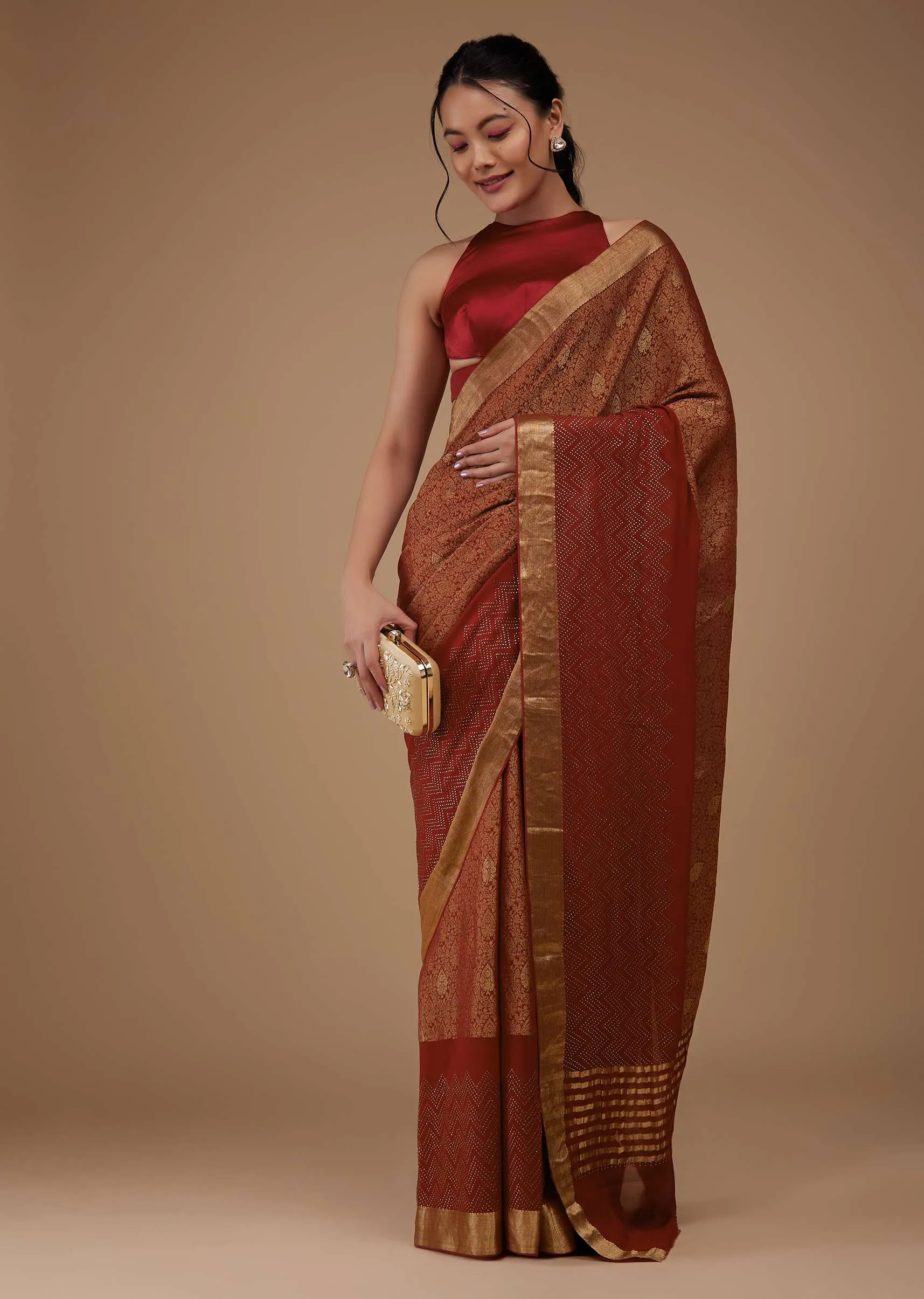 Firey Red Chiffon Saree With Zari Border And Brocade Weave