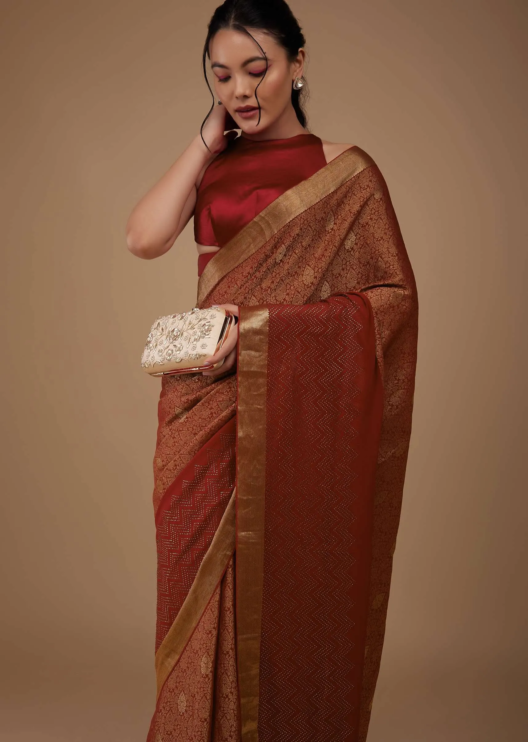 Firey Red Chiffon Saree With Zari Border And Brocade Weave