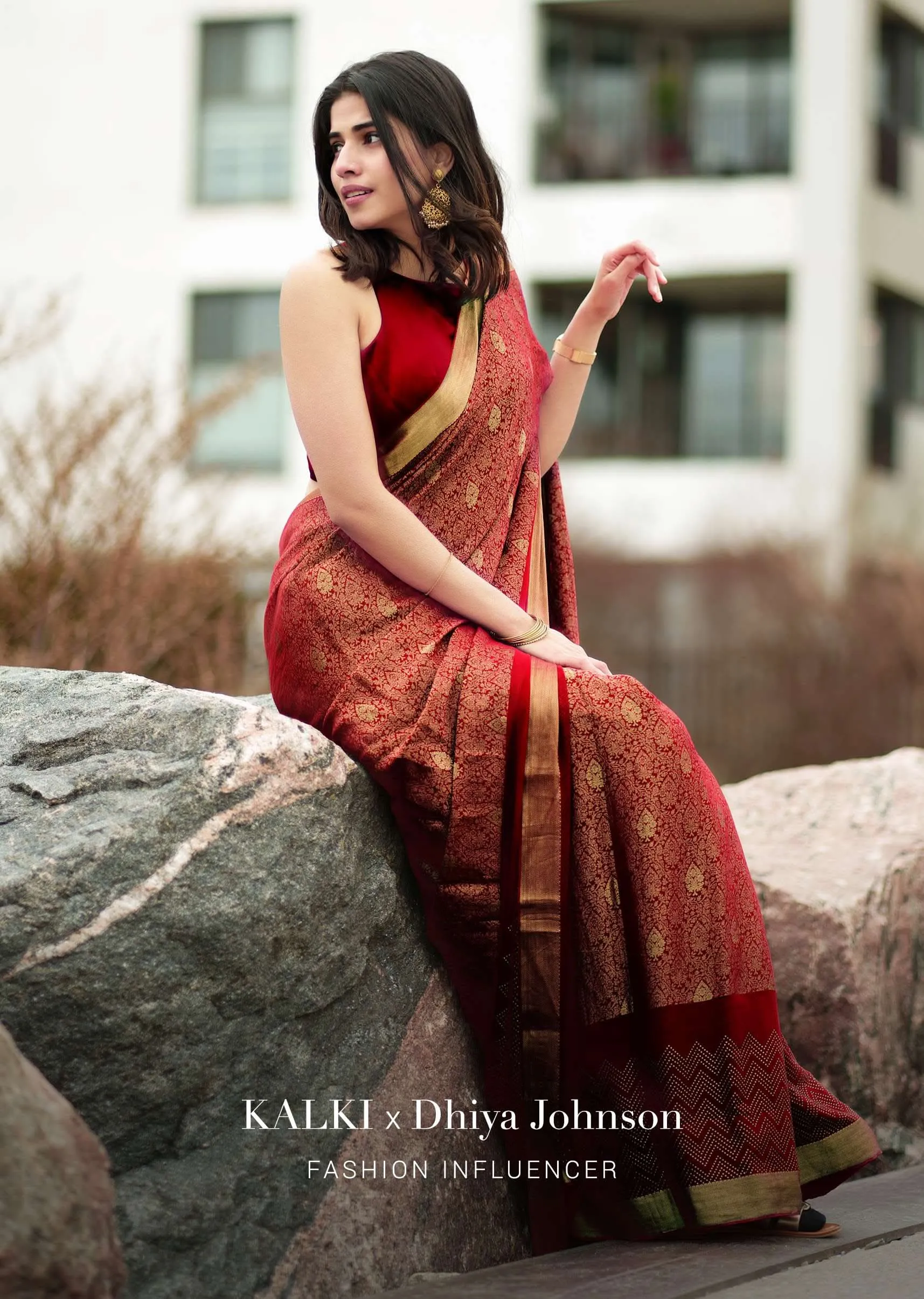 Firey Red Chiffon Saree With Zari Border And Brocade Weave
