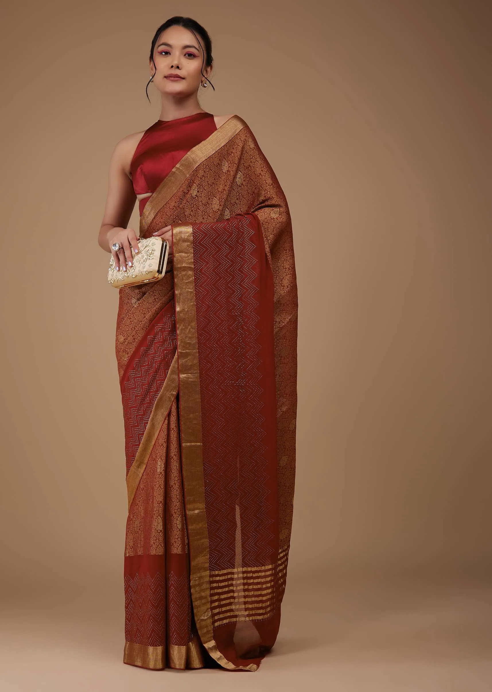 Firey Red Chiffon Saree With Zari Border And Brocade Weave