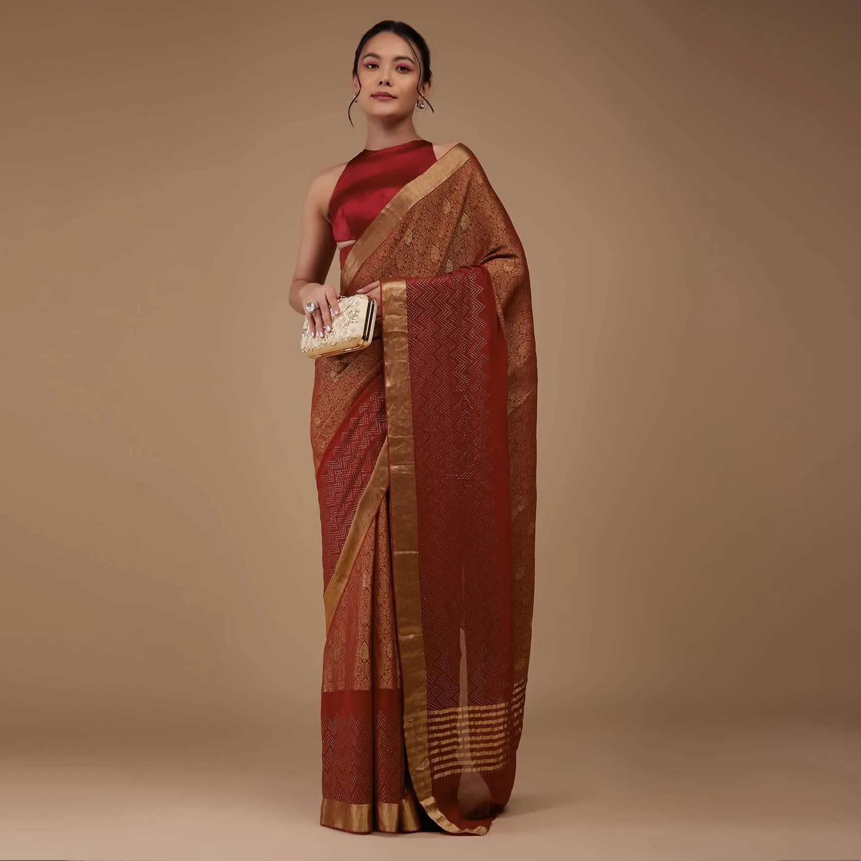 Firey Red Chiffon Saree With Zari Border And Brocade Weave