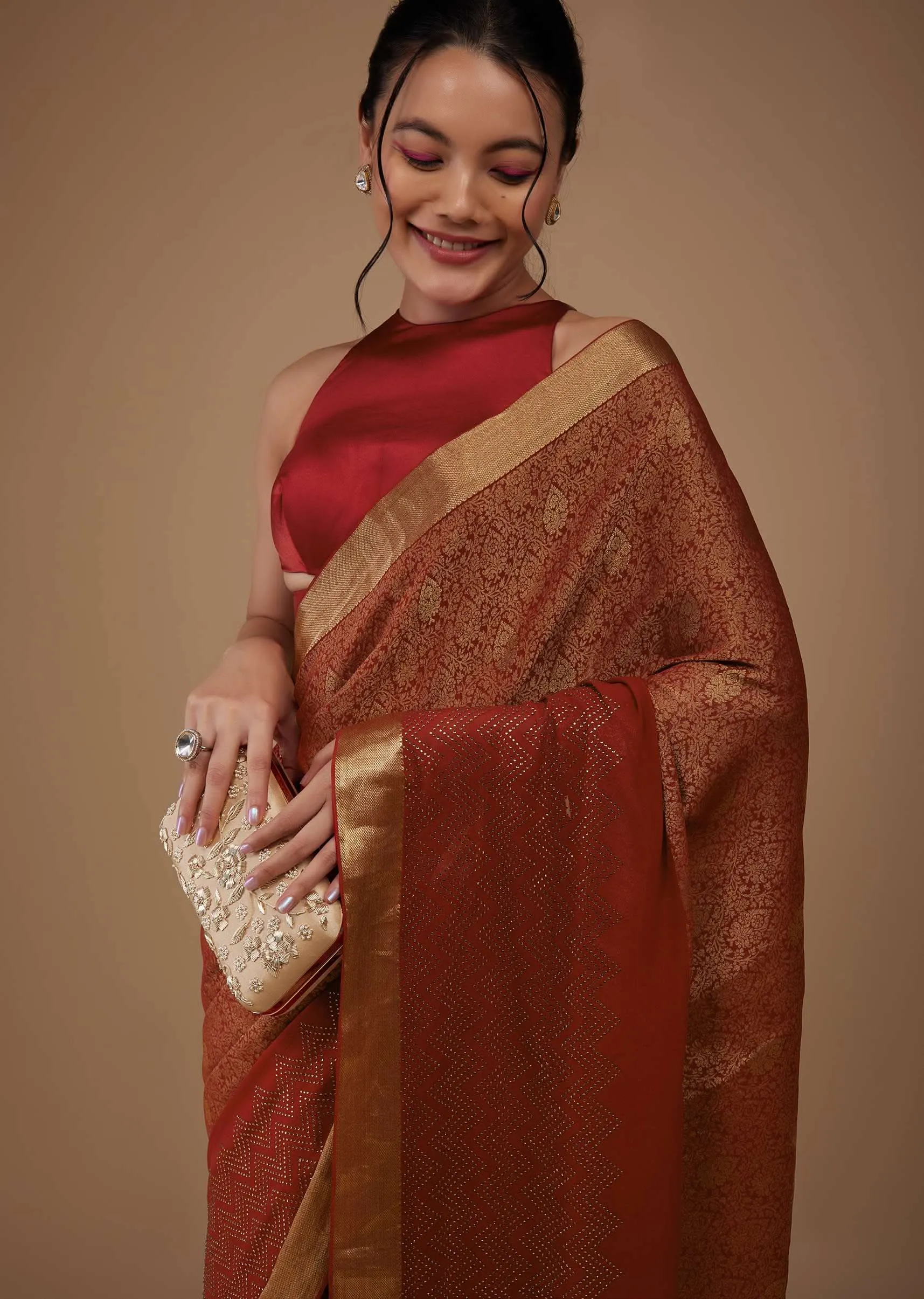 Firey Red Chiffon Saree With Zari Border And Brocade Weave