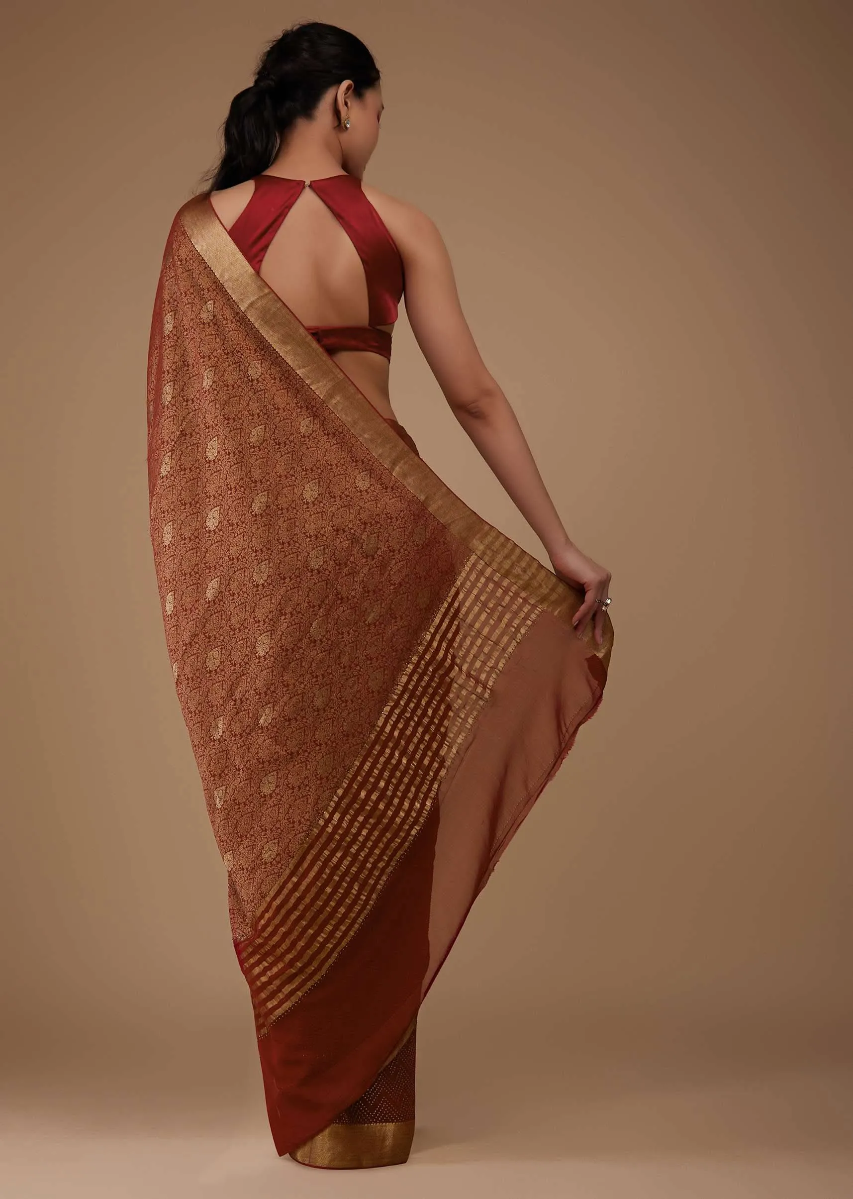 Firey Red Chiffon Saree With Zari Border And Brocade Weave