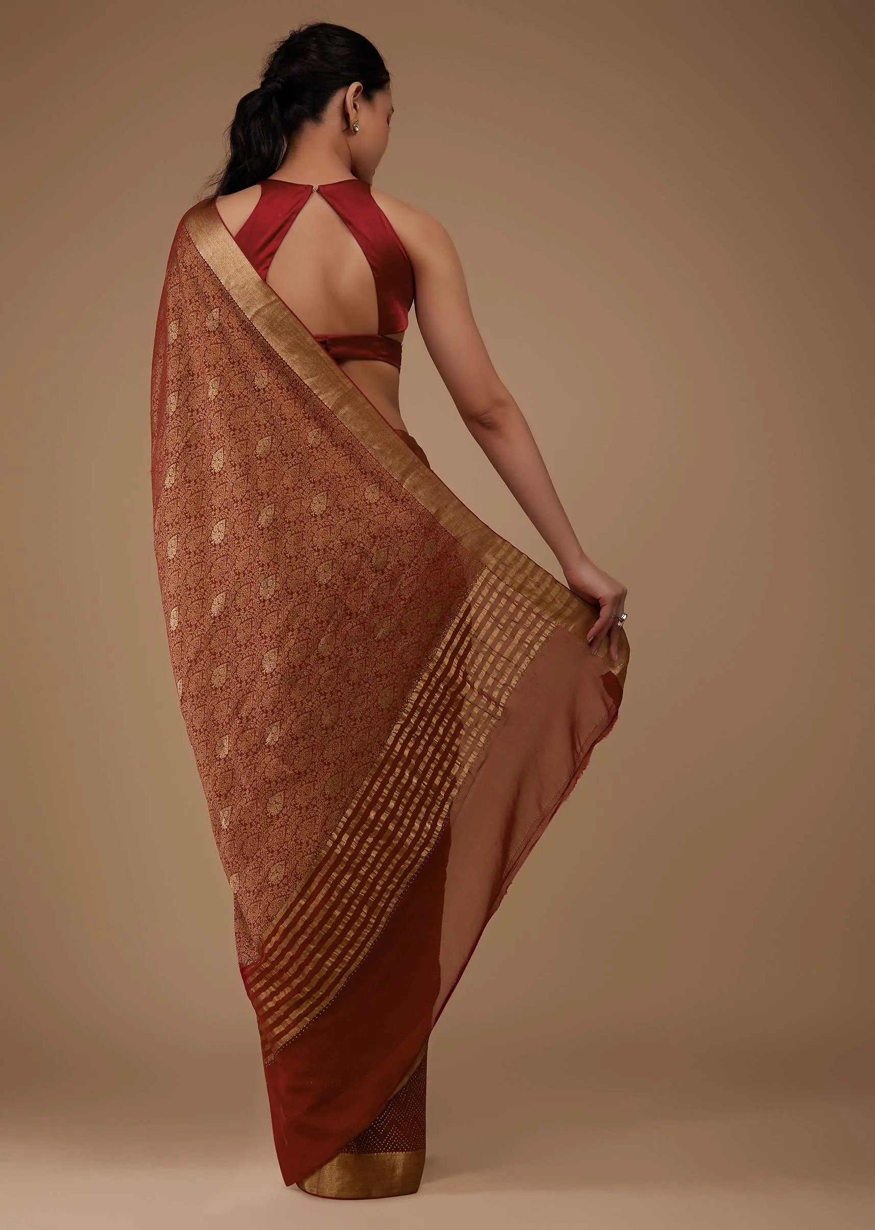 Firey Red Chiffon Saree With Zari Border And Brocade Weave