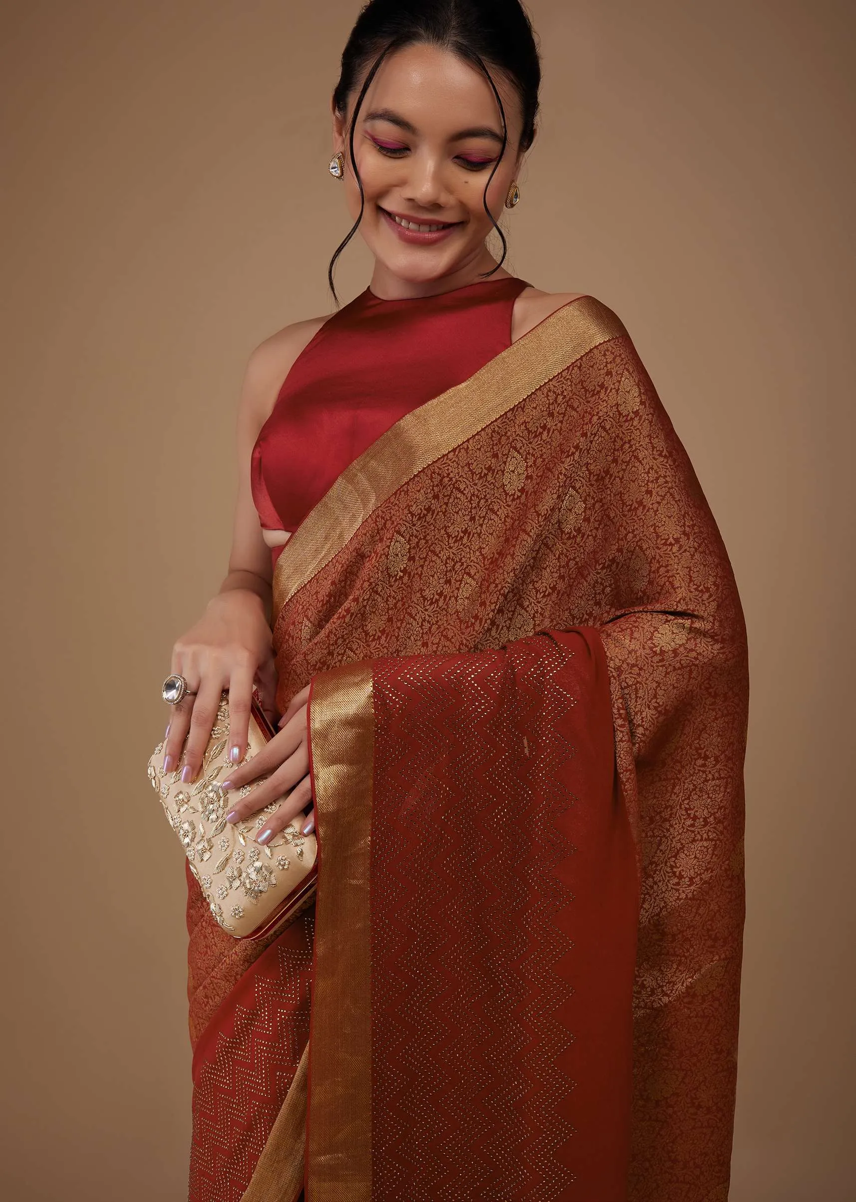 Firey Red Chiffon Saree With Zari Border And Brocade Weave