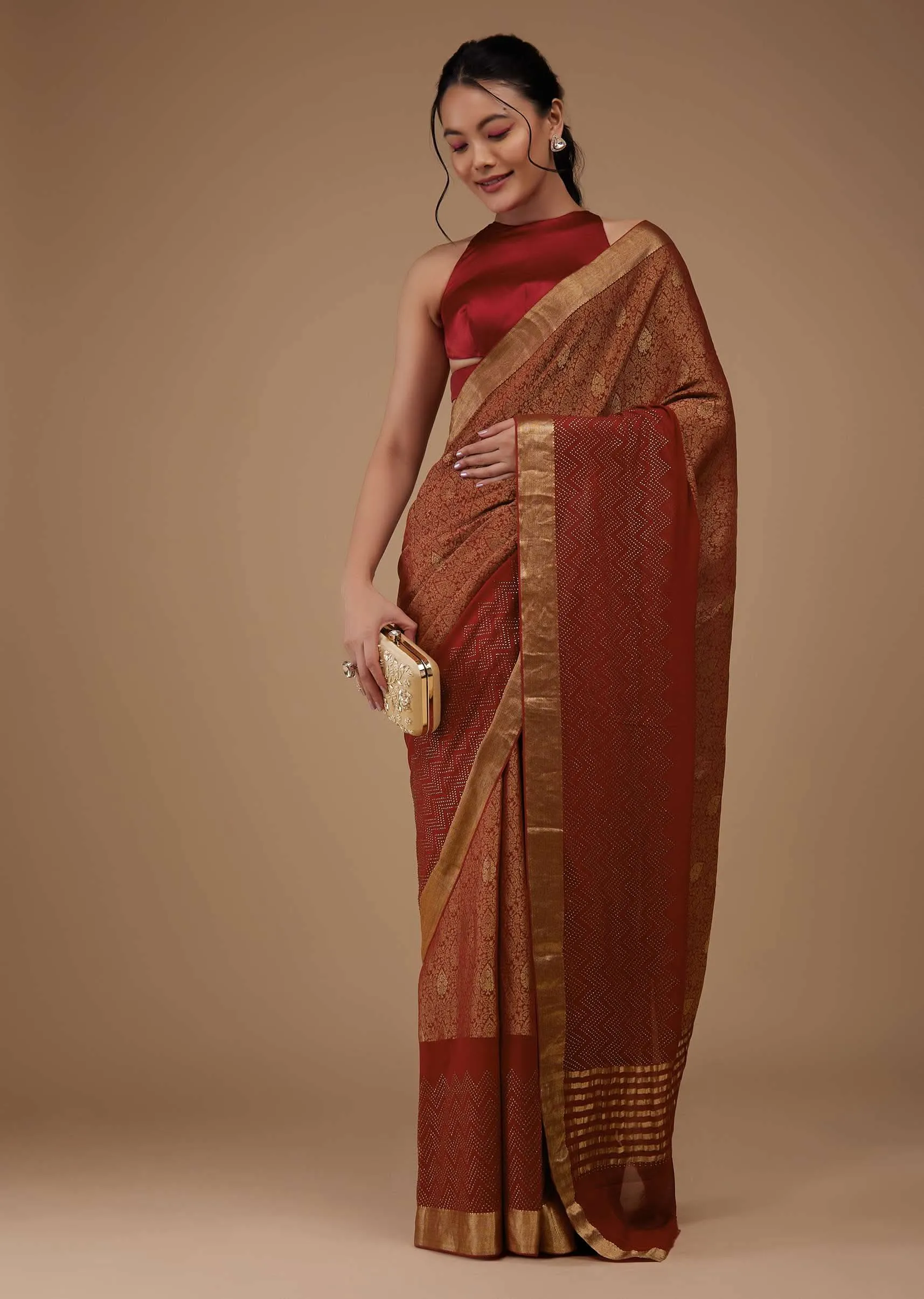 Firey Red Chiffon Saree With Zari Border And Brocade Weave