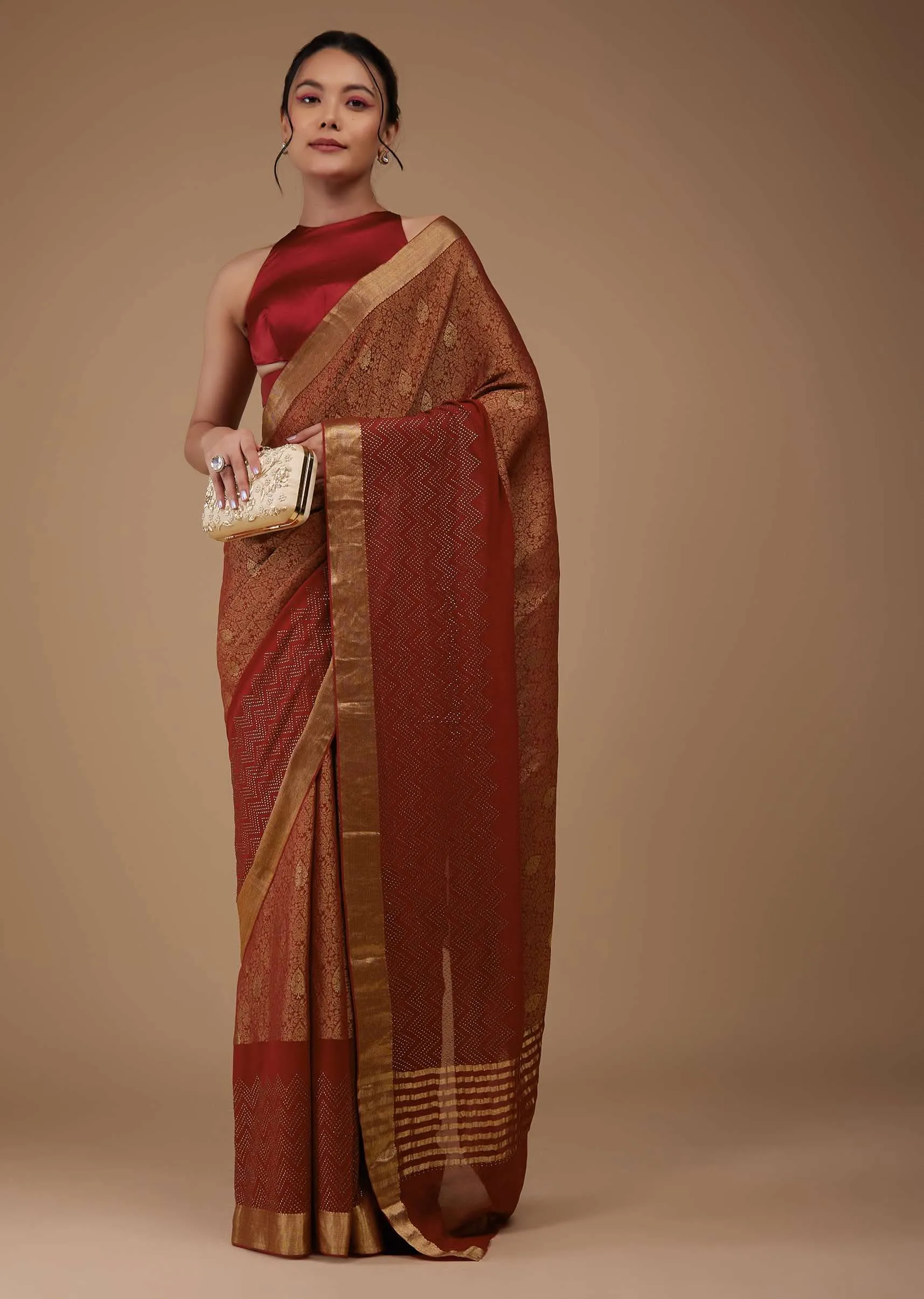Firey Red Chiffon Saree With Zari Border And Brocade Weave