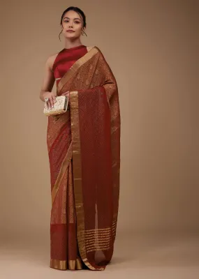 Firey Red Chiffon Saree With Zari Border And Brocade Weave