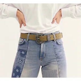 Free People Black Rock Luxe Suede Western Ornate Belt Size M New