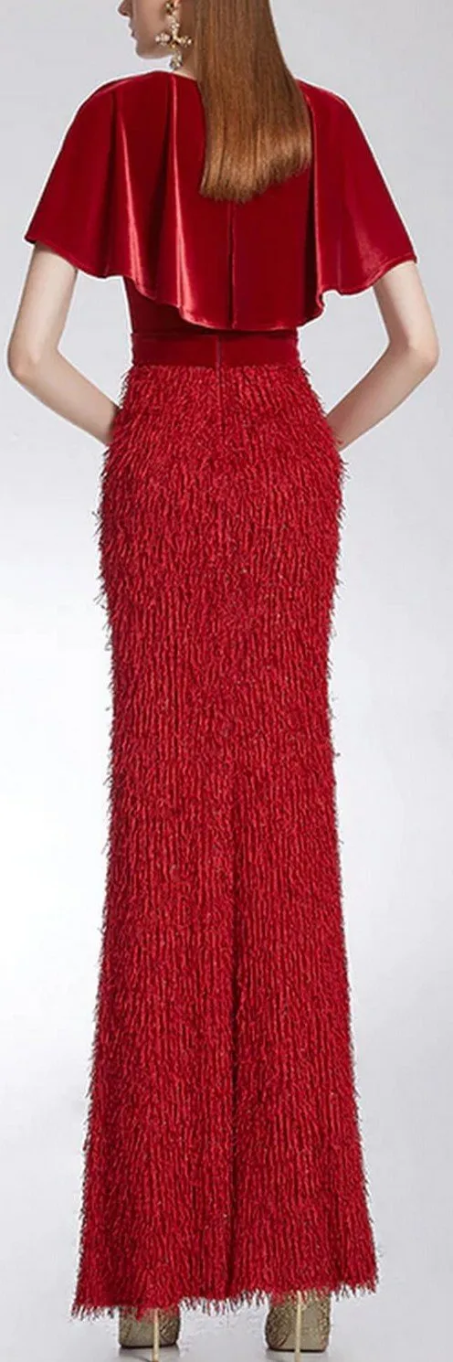 Fringed Flutter-Sleeve Gown, Red