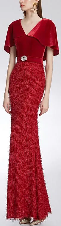Fringed Flutter-Sleeve Gown, Red