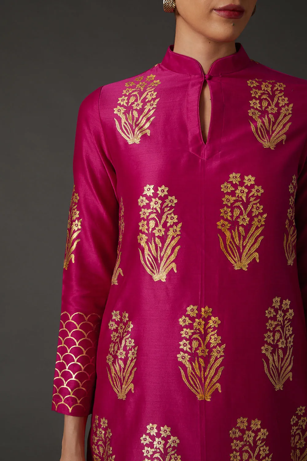 Fuchsia & Gold Block Printed Kurta Set