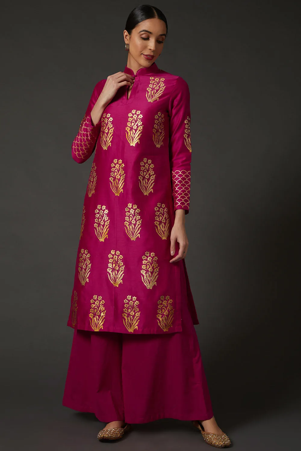 Fuchsia & Gold Block Printed Kurta Set