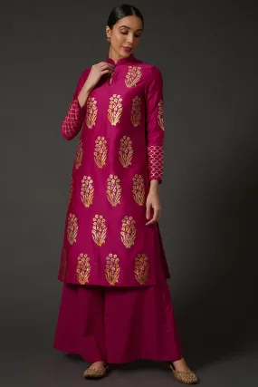 Fuchsia & Gold Block Printed Kurta Set