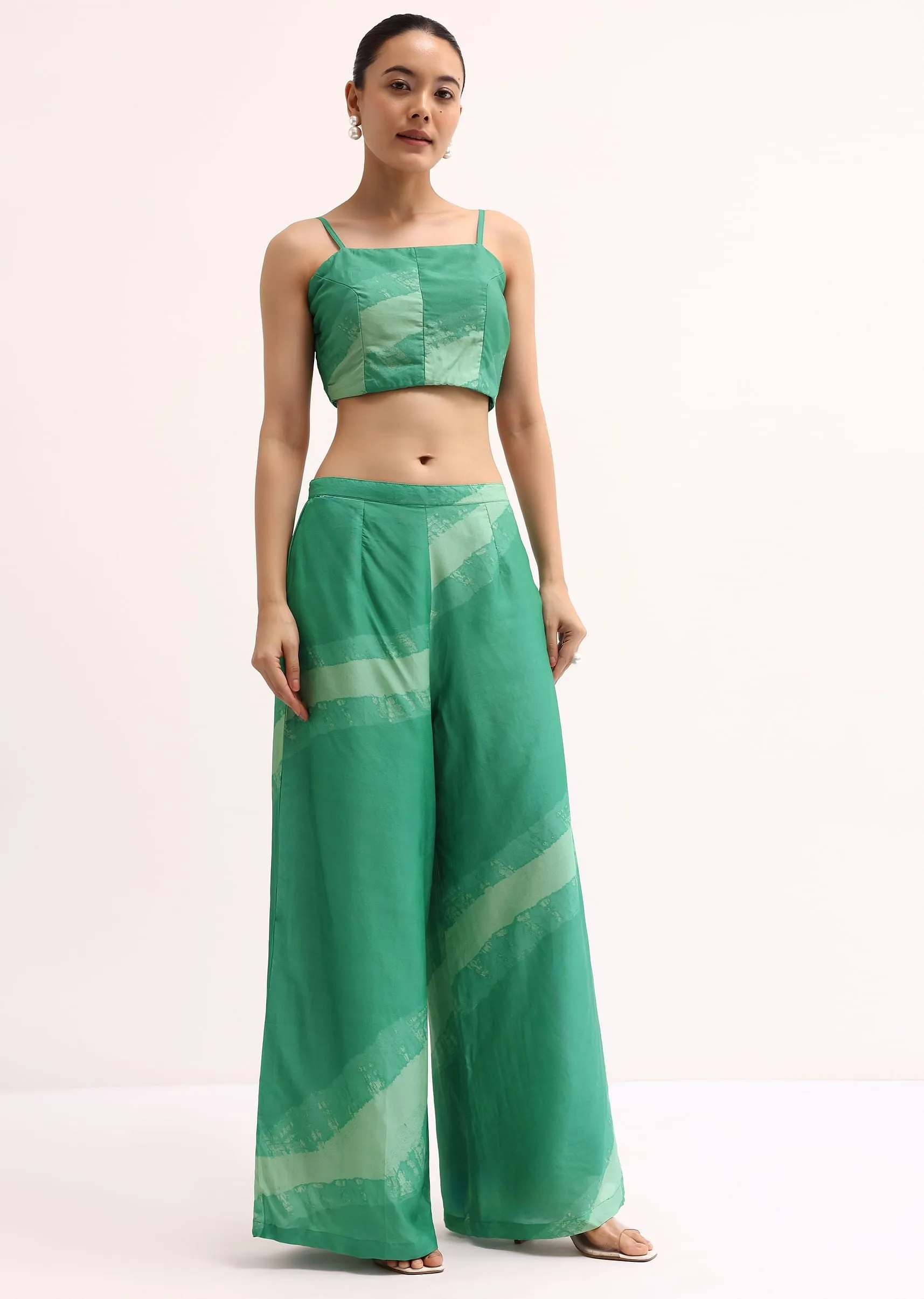 Green Printed Tussar Crop Top And Palazzo Set