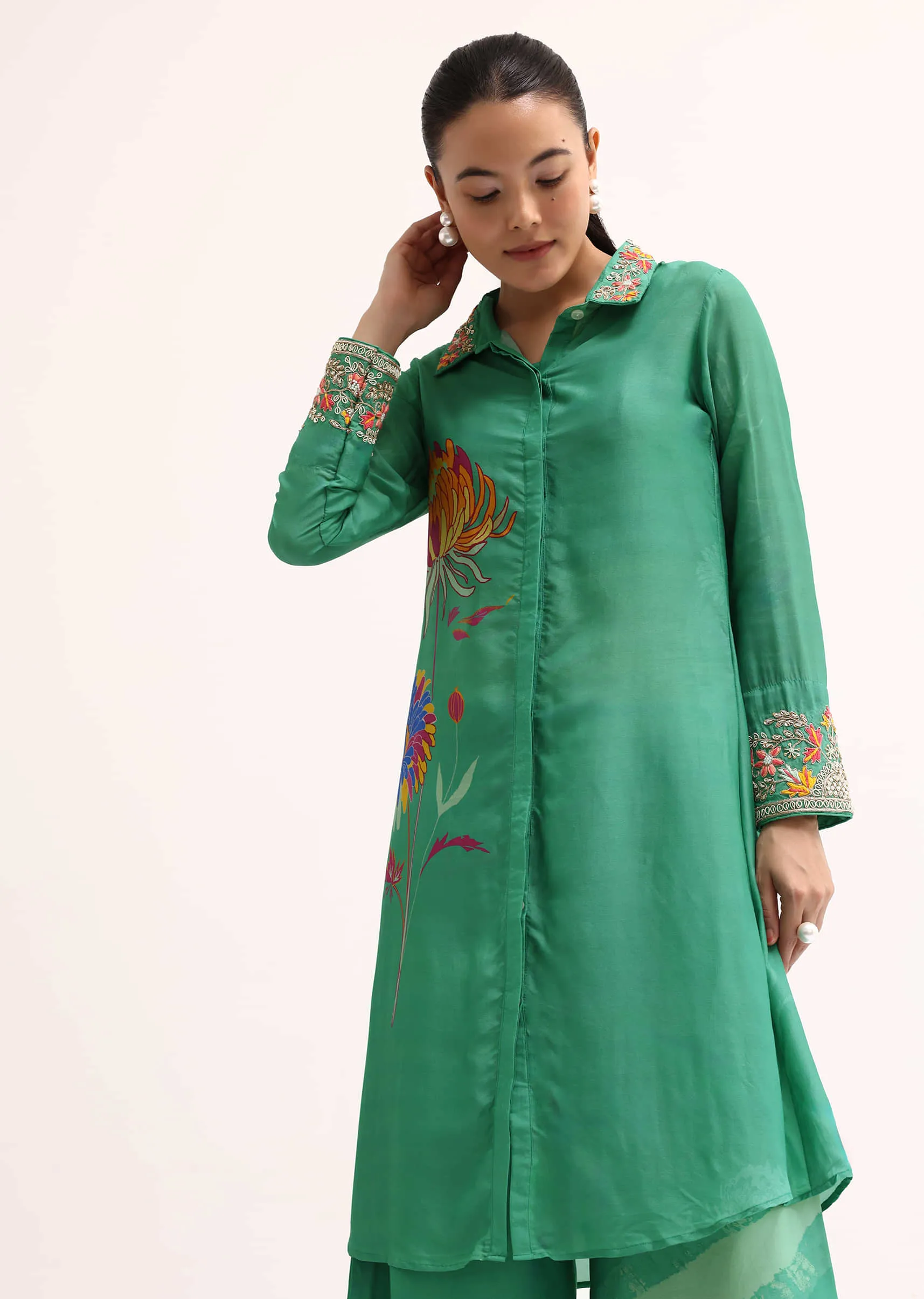 Green Printed Tussar Crop Top And Palazzo Set