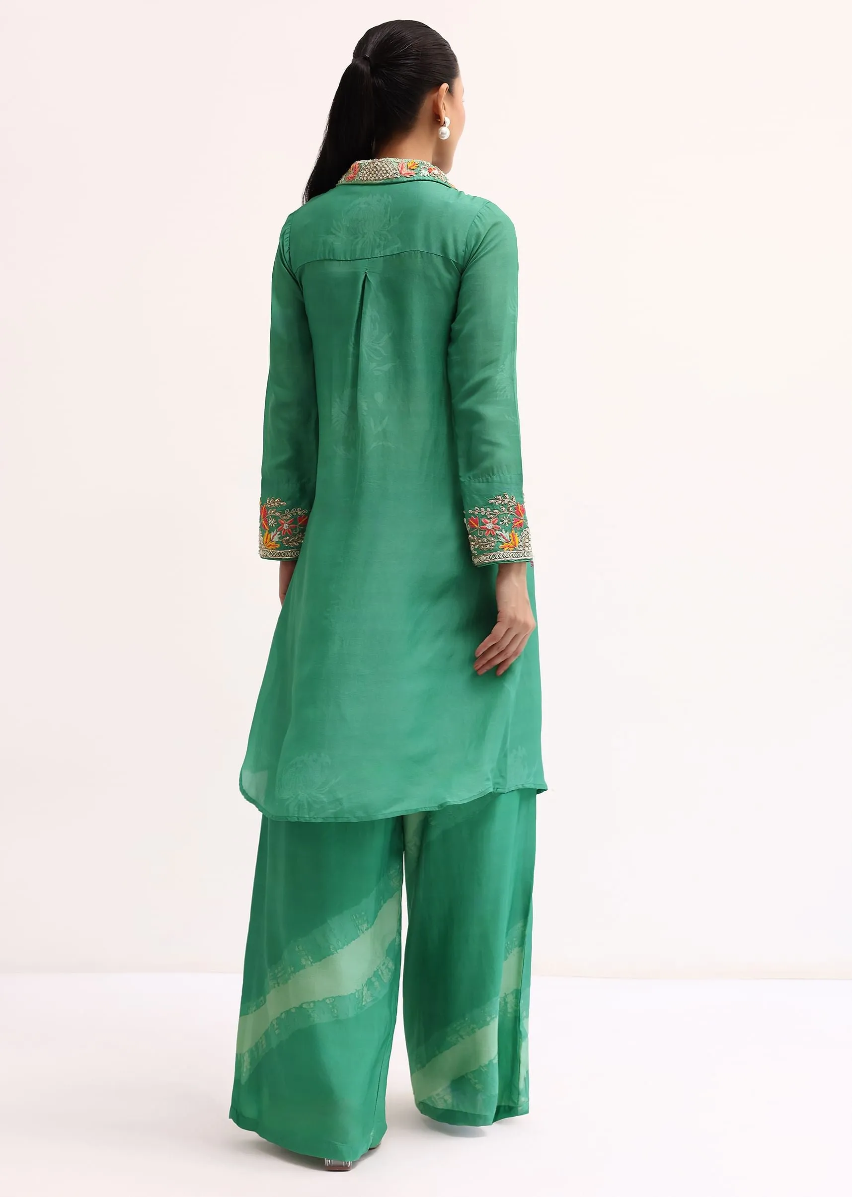 Green Printed Tussar Crop Top And Palazzo Set
