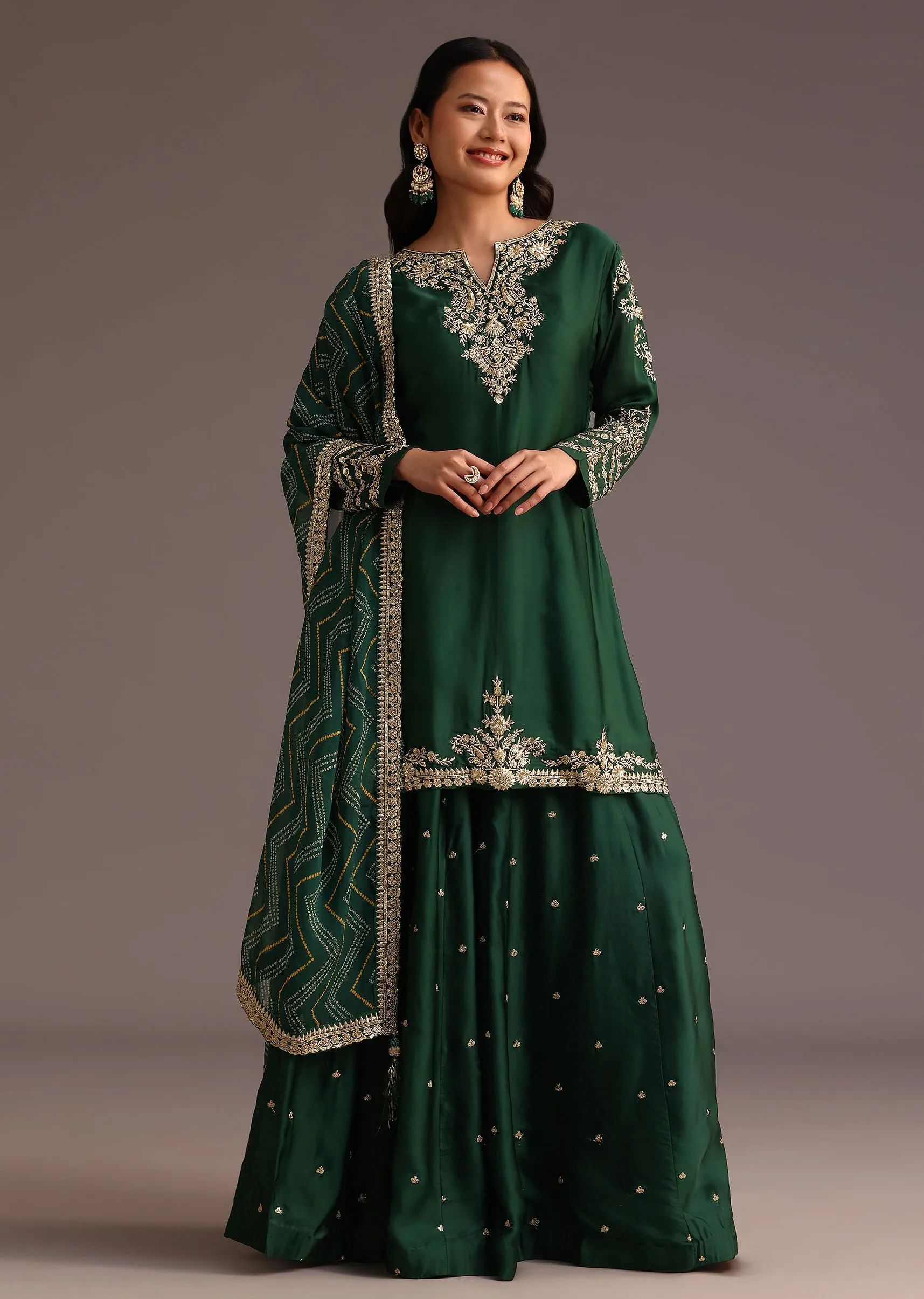 Green Zari Work Palazzo Suit With Organza Dupatta