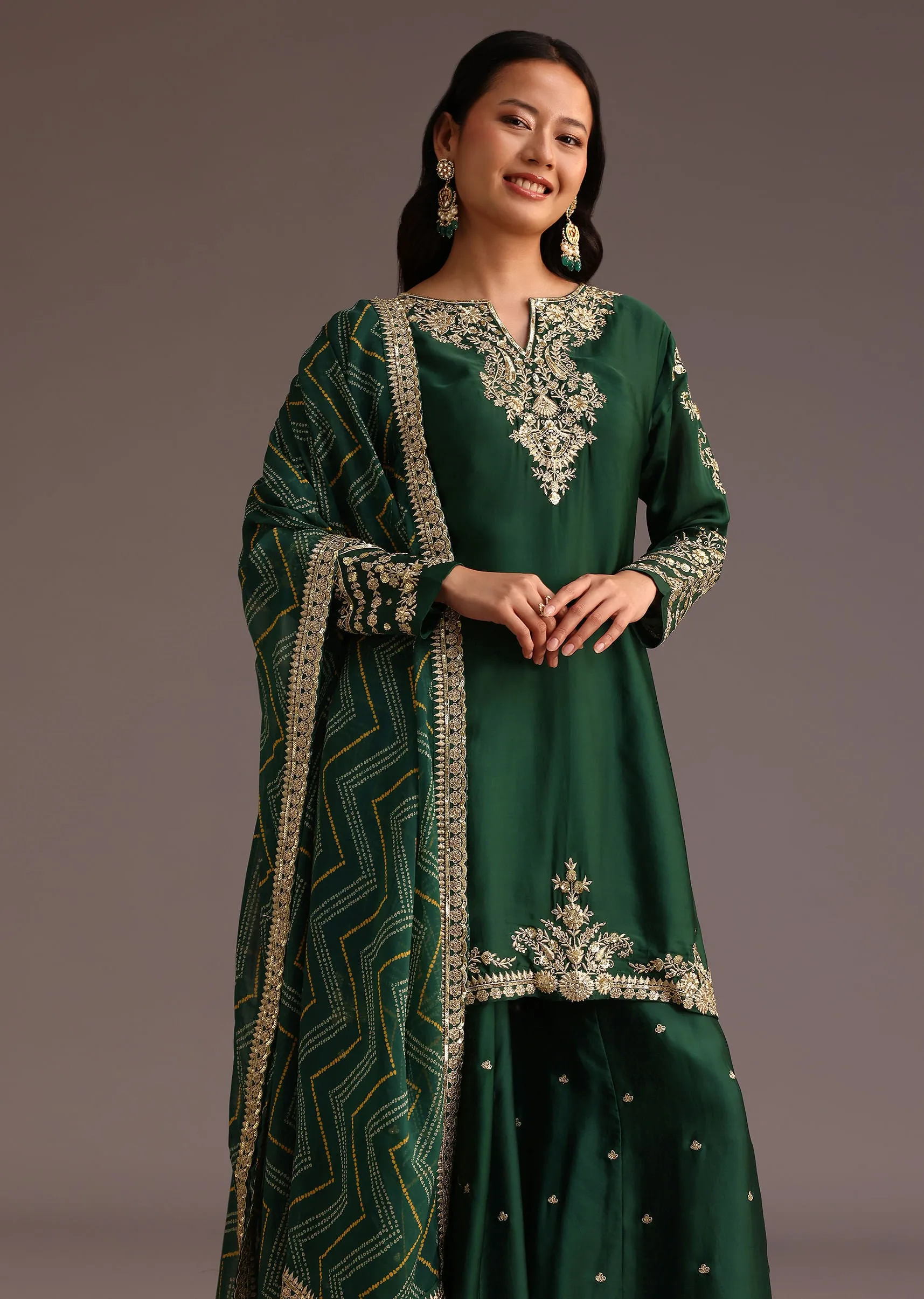 Green Zari Work Palazzo Suit With Organza Dupatta