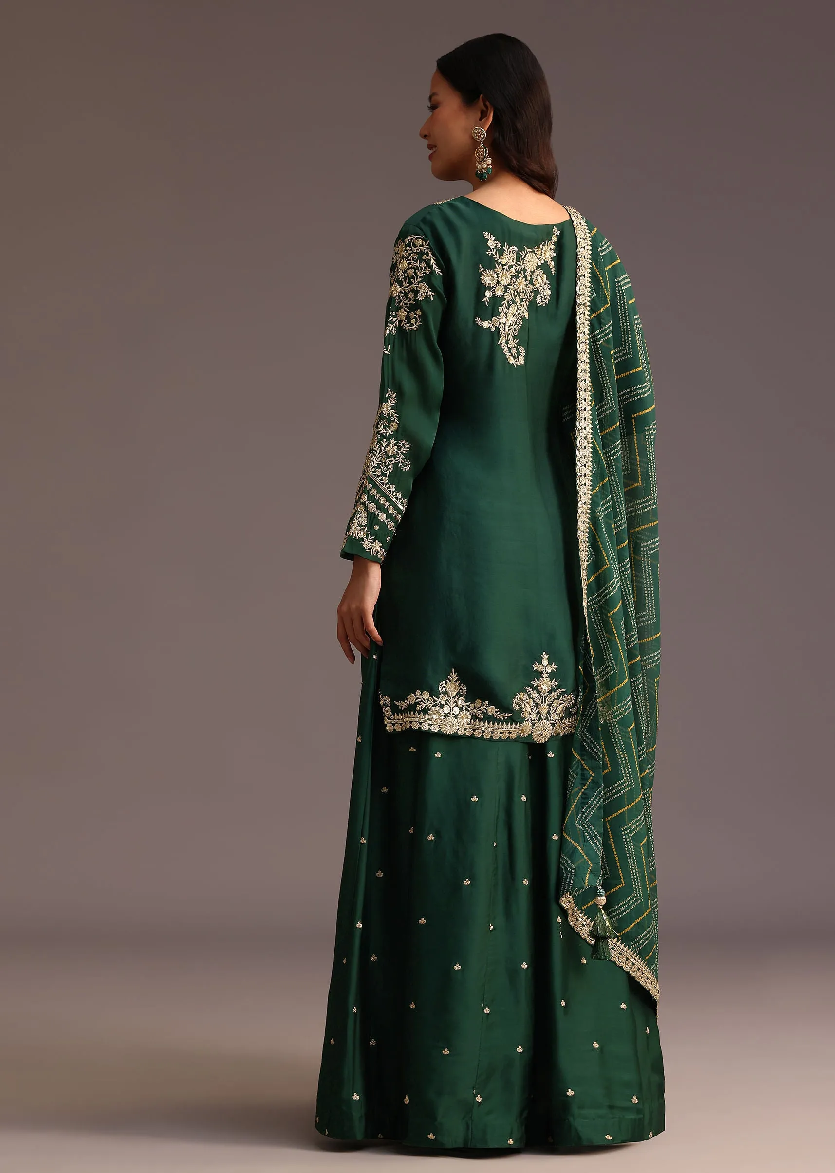 Green Zari Work Palazzo Suit With Organza Dupatta