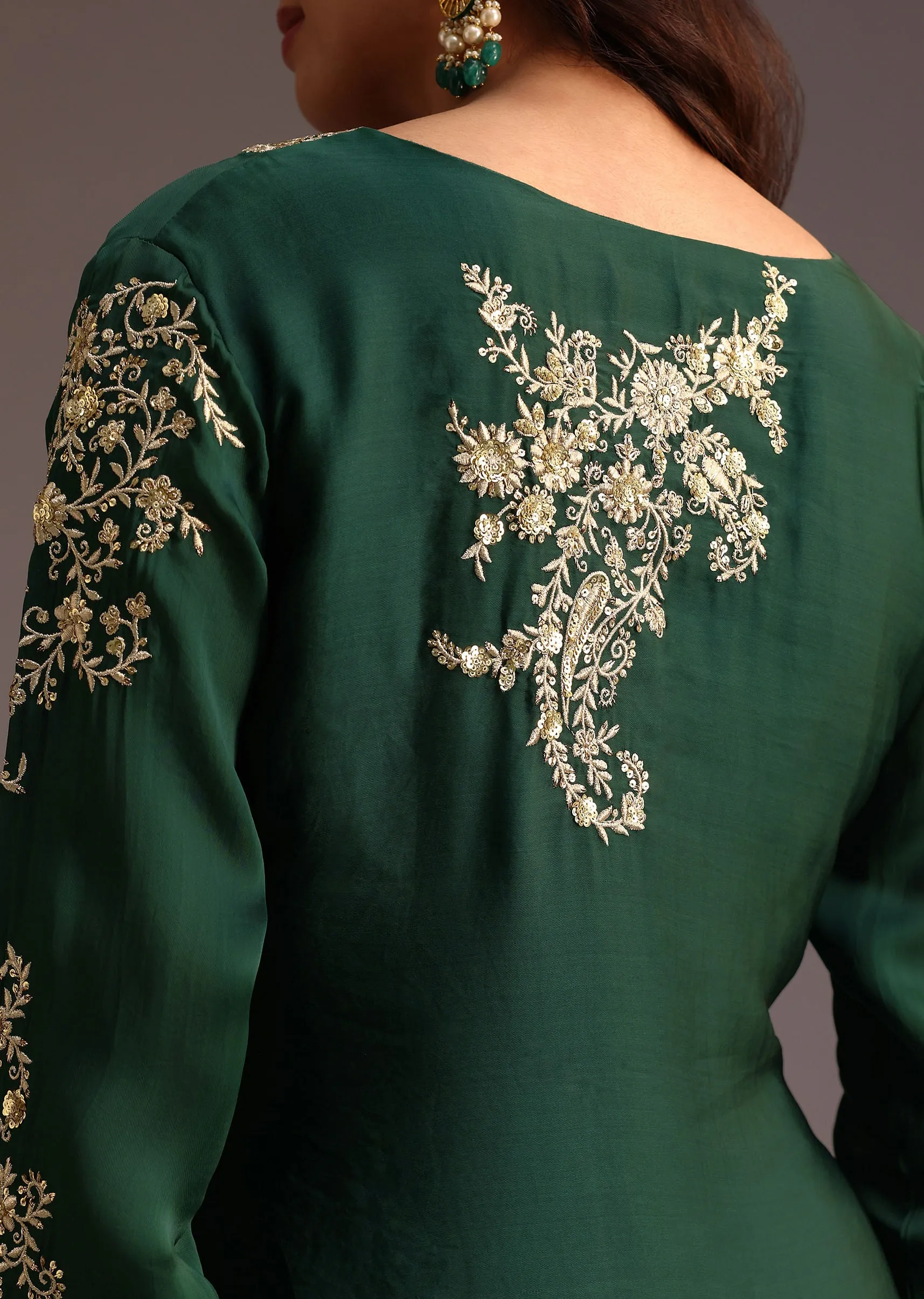 Green Zari Work Palazzo Suit With Organza Dupatta