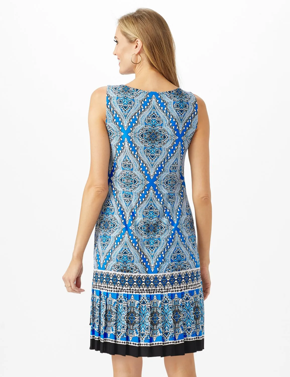 Medallion Print Sleeveless Dress With Pleat Skirt Detail