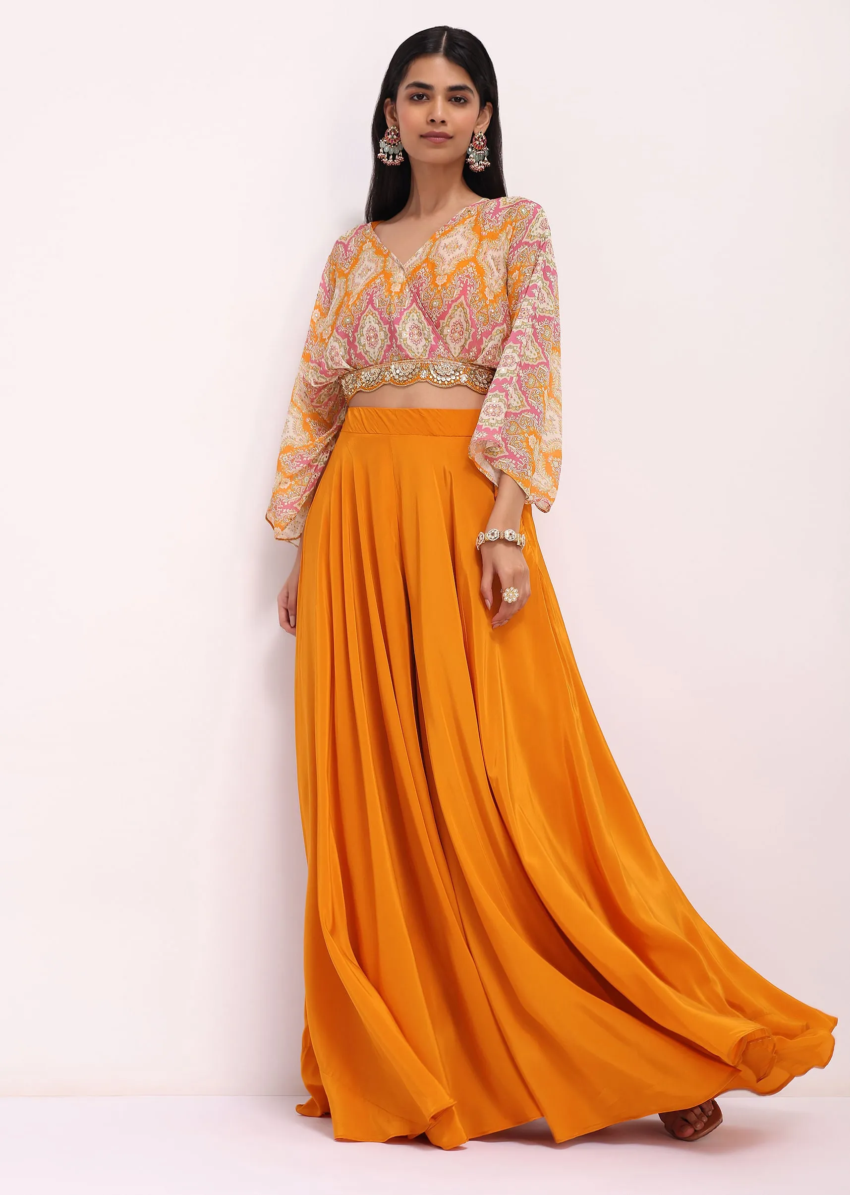 Orange Printed Crop Top And Palazzo Set