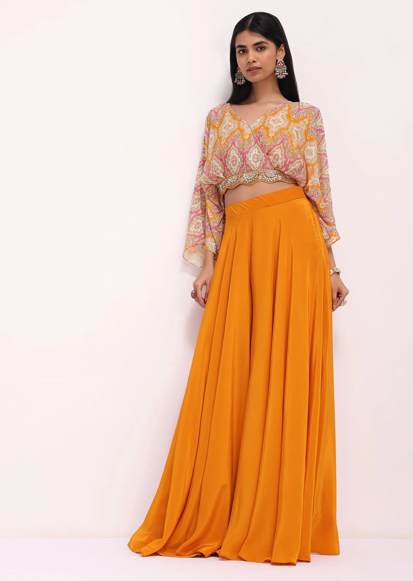Orange Printed Crop Top And Palazzo Set