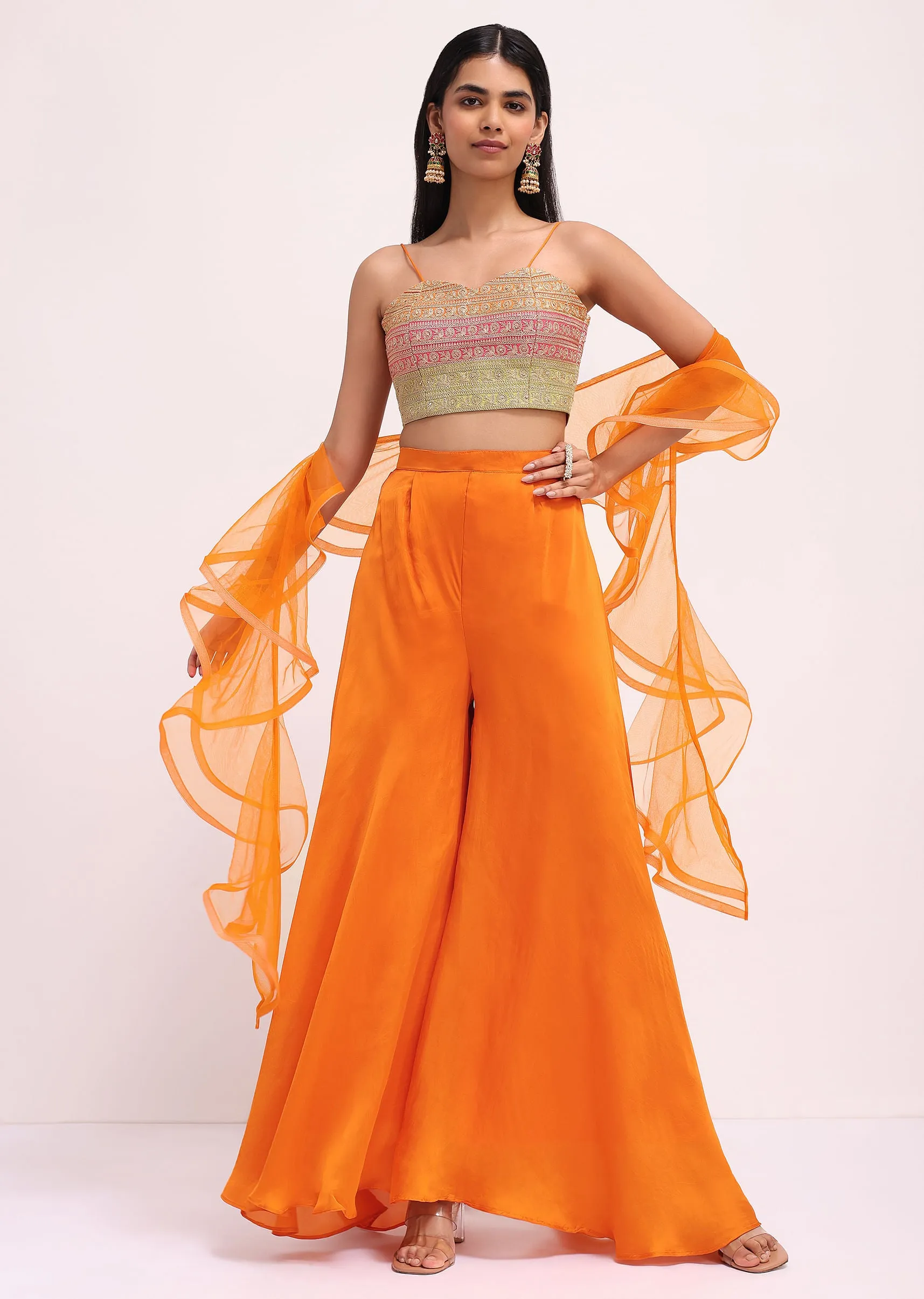 Orange Silk Zari Crop Top And Palazzo With Dupatta
